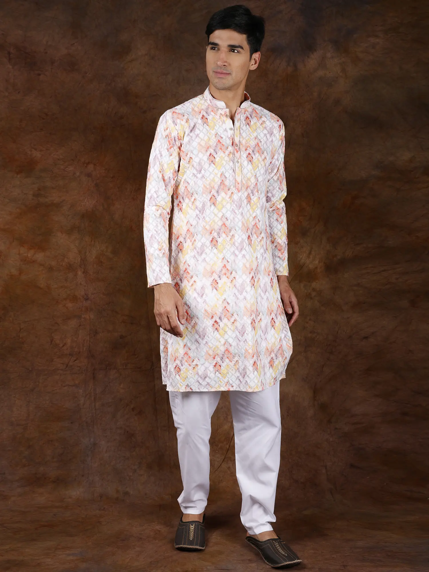 Rainbow Pure Cotton Kurta Pajama Set with Thread Embroidery in Diamond Pattern, alternate view