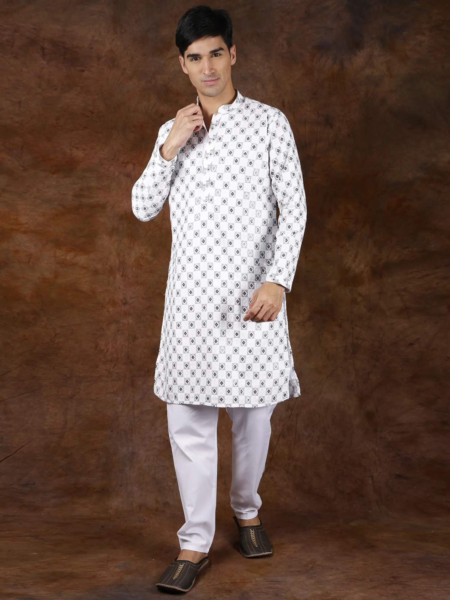 White and Black Check Kurta Pajama with Sequins and Embroidery in Self