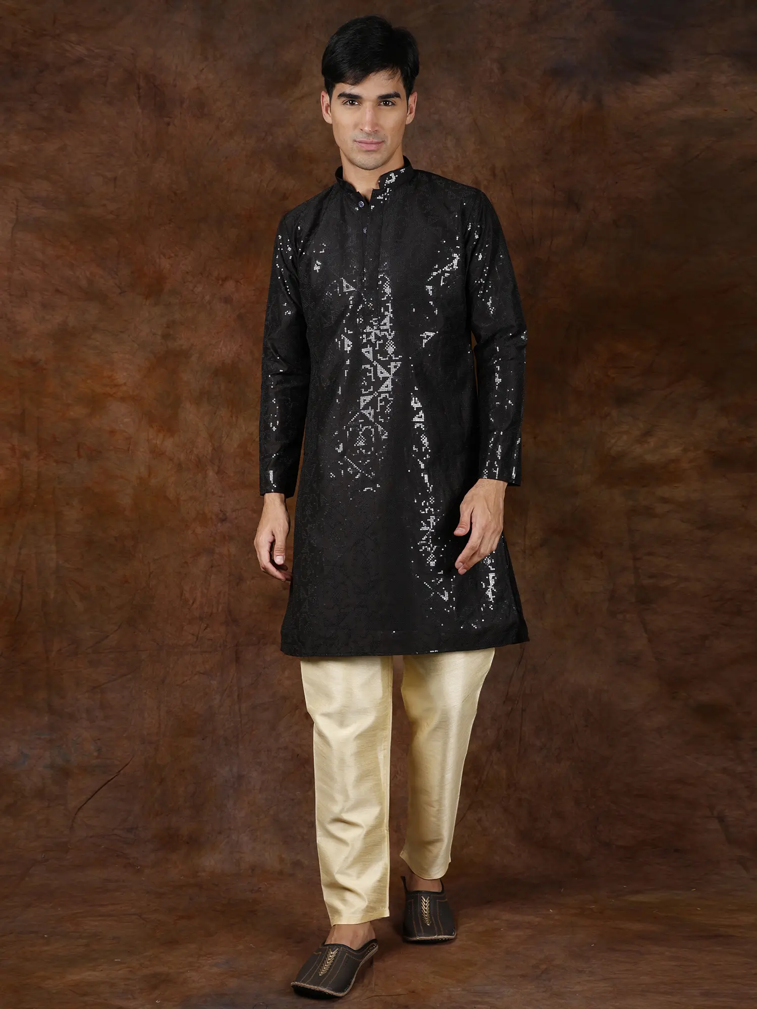 Pirate-Black Embellished Kurta with Sequin Work and Cream Pajama