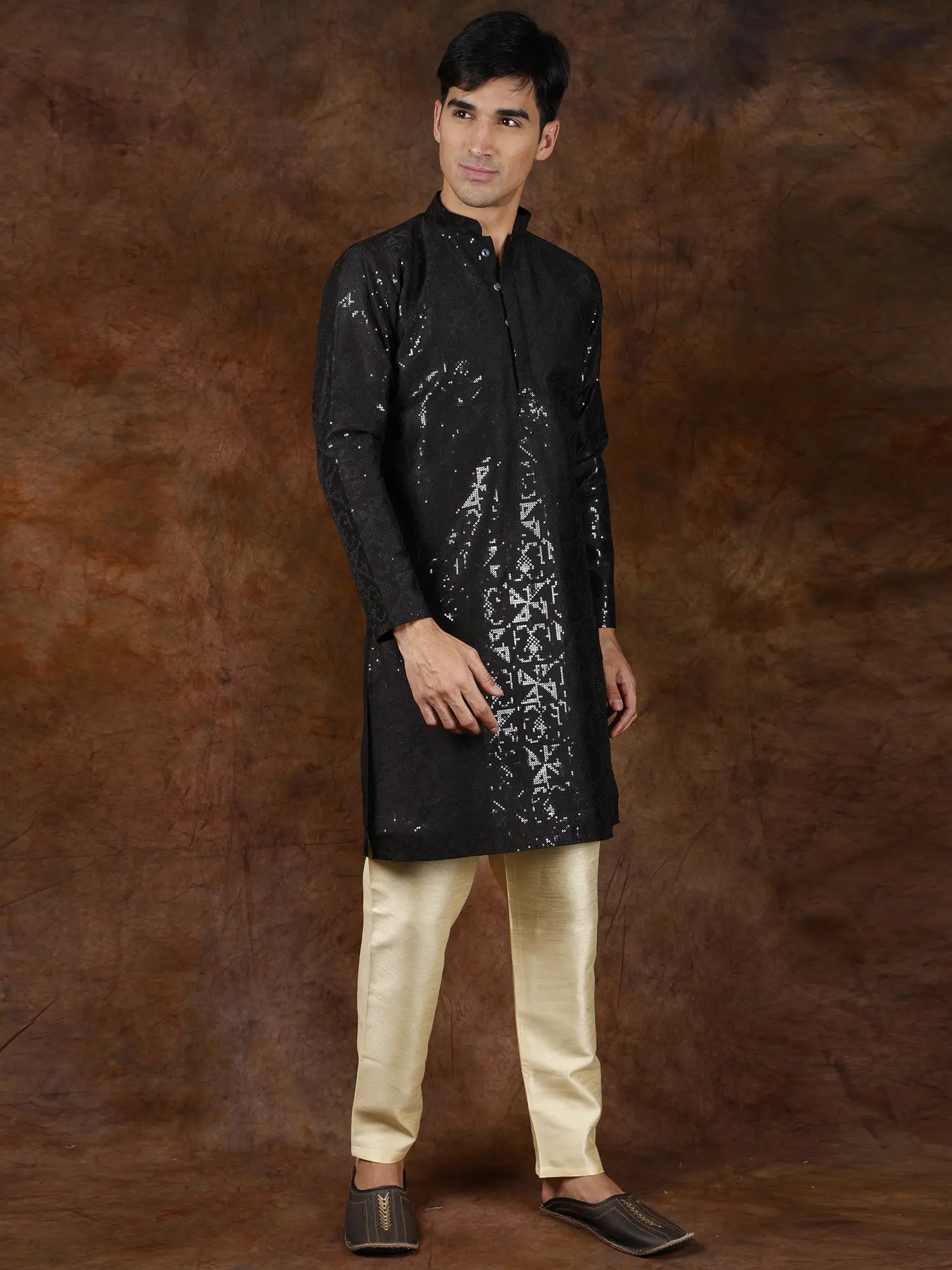 Pirate-Black Embellished Kurta with Sequin Work and Cream Pajama, alternate view