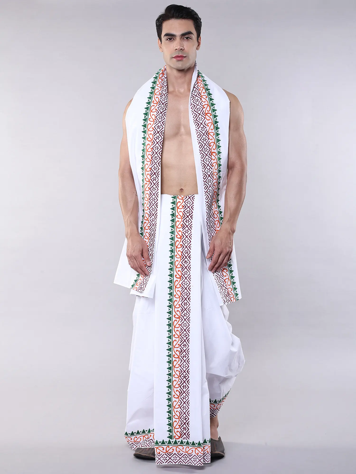 Pure Cotton Dhoti and Angavastram Set with Printed Border