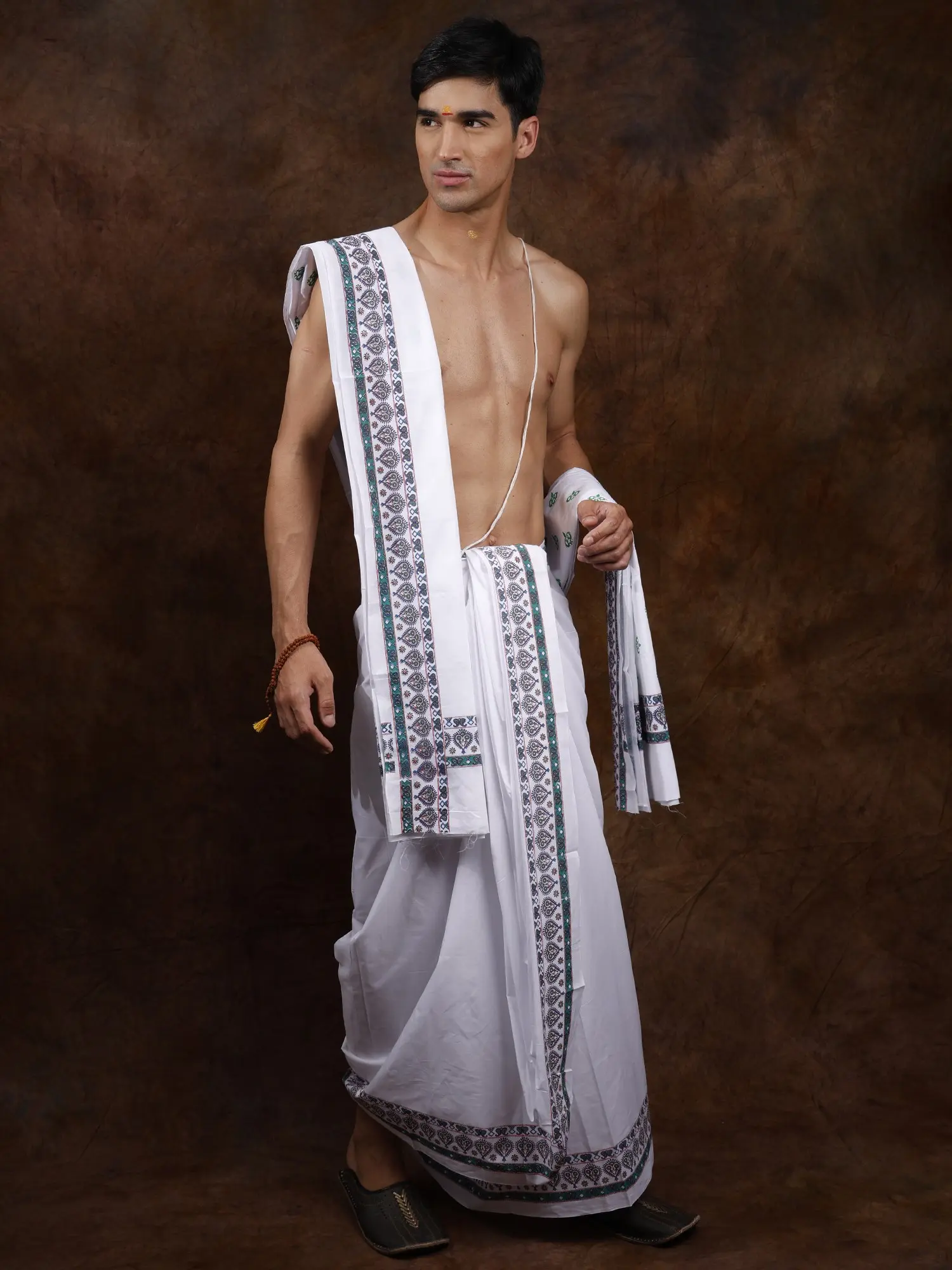 Pure Cotton Dhoti and Angavastram Set with Printed Border, alternate view
