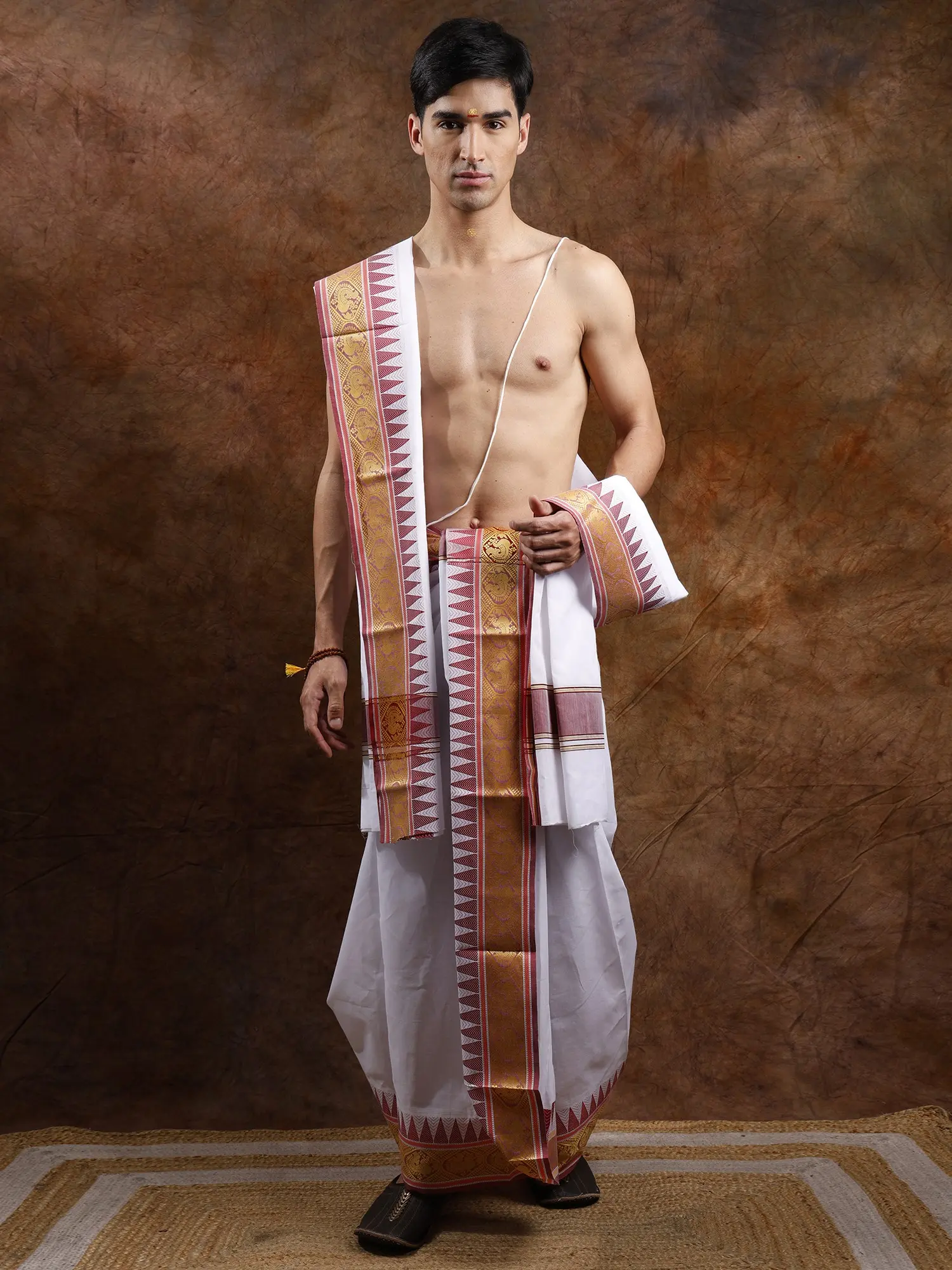 Plain Dhoti and Angavastram Set with Peacock-Temple Woven Border
