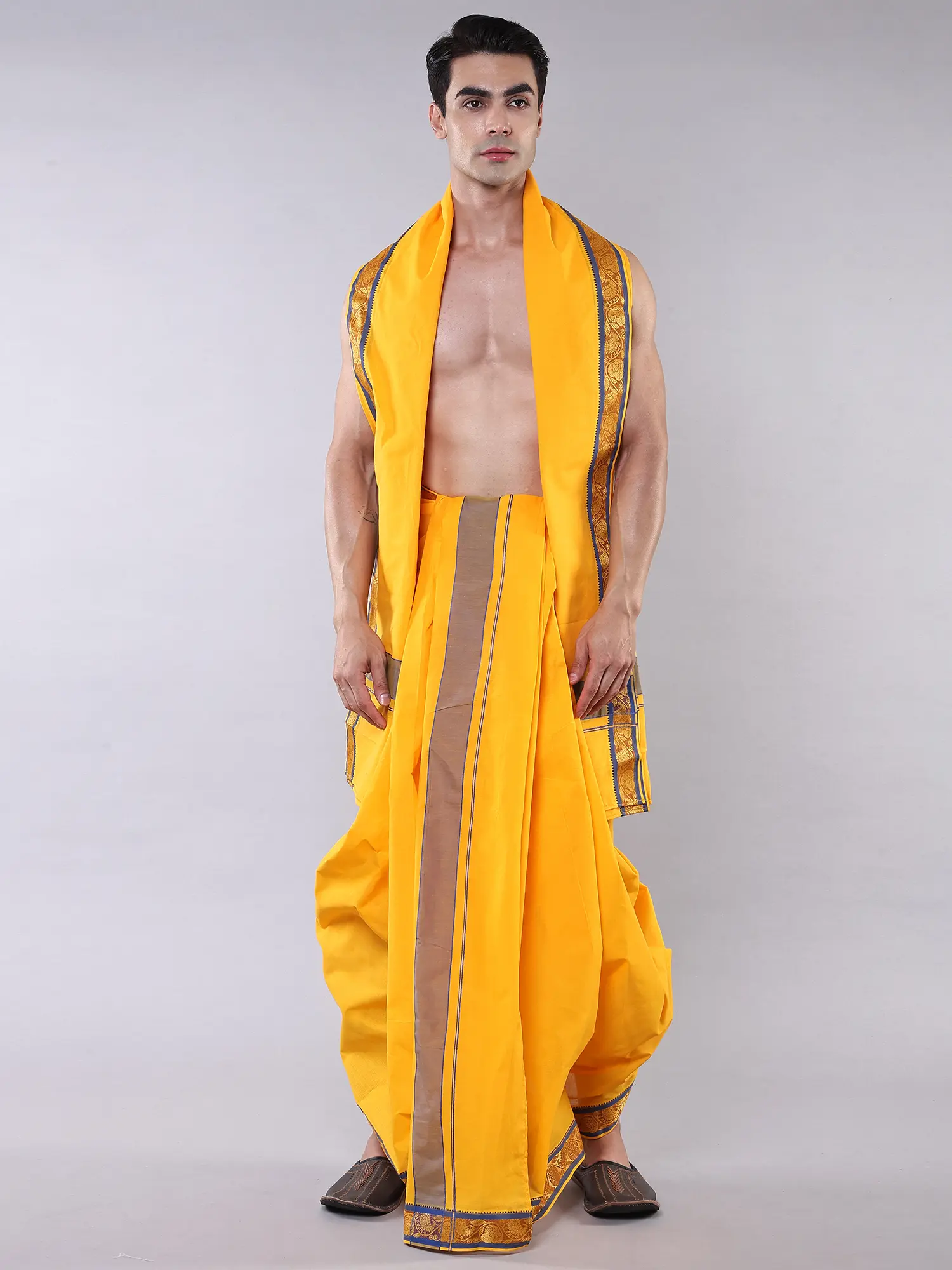 Pure Cotton White Dhoti with Angavastram Set and Zari Woven Border