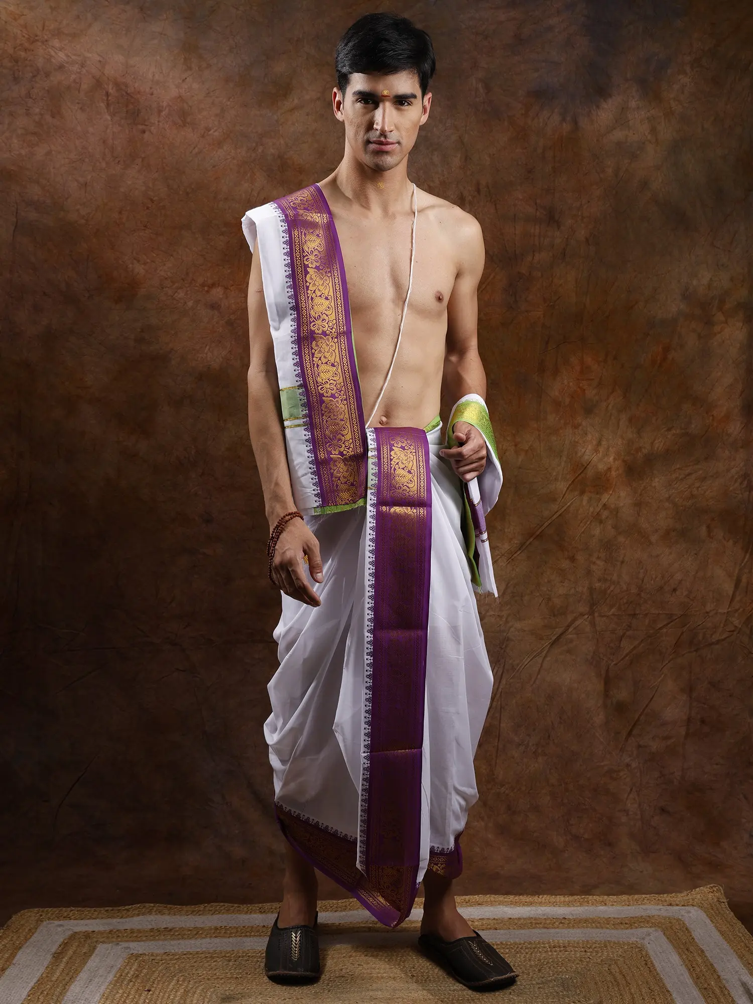 Pure Cotton Dhoti and Angavastram with Zari Wowen Wide Border