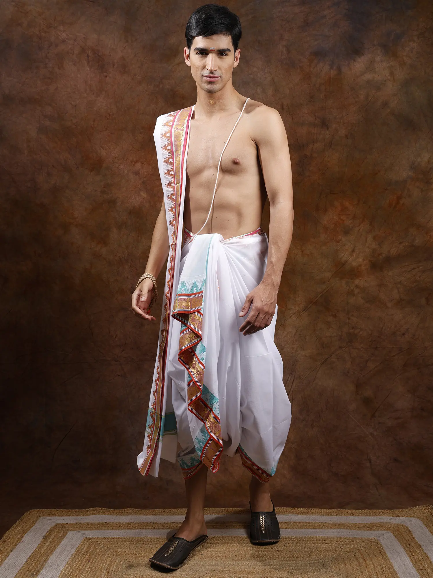 Pure Cotton Plain Dhoti and Angavastram Set with Peacock & Deer Zari Woven Border