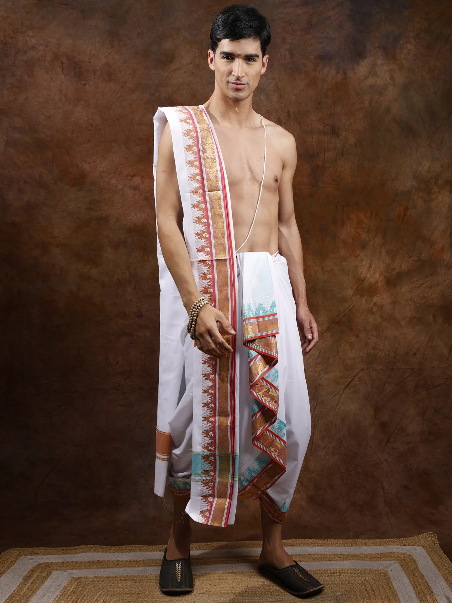 Pure Cotton Plain Dhoti and Angavastram Set with Peacock & Deer Zari Woven Border, alternate view