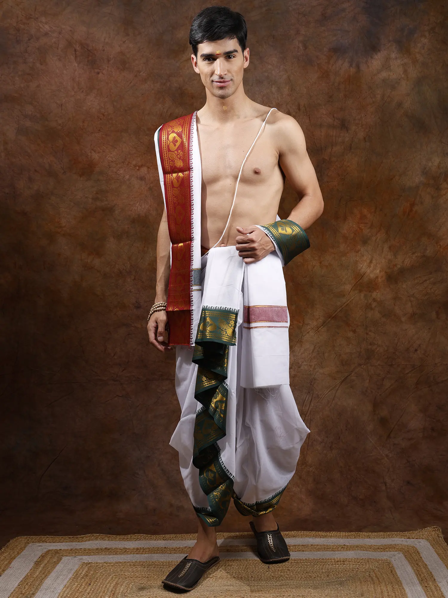 Bright-White Pure Cotton Dhoti and Angavastram Set with Zari Woven Wide Border