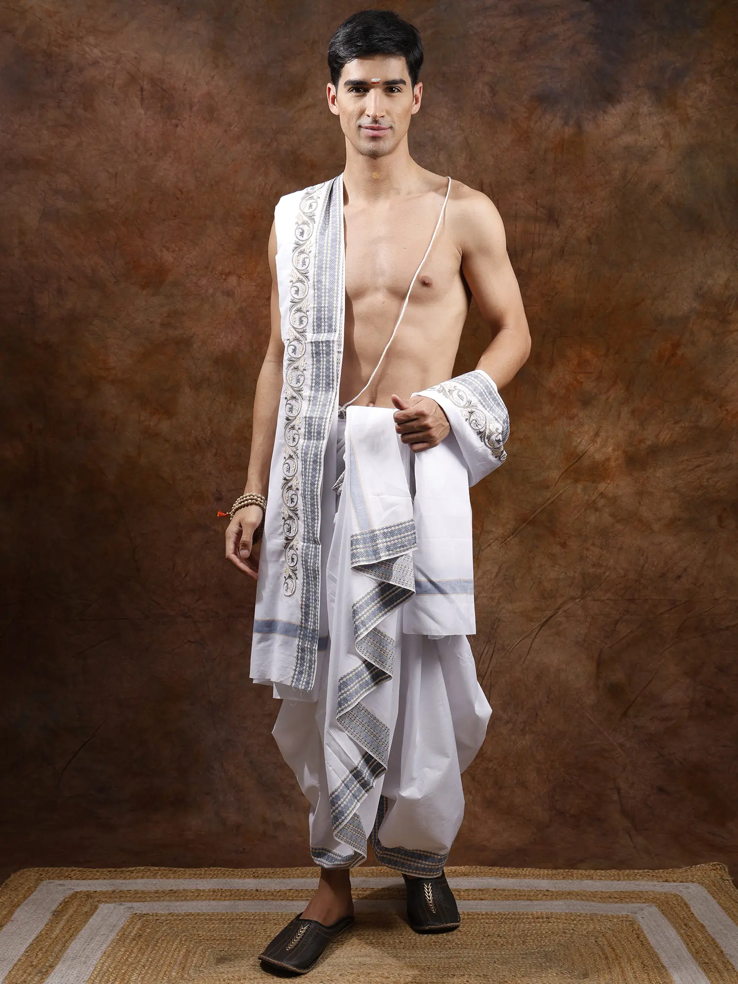Plain Dhoti and Angavastram Set with Embroidered Border