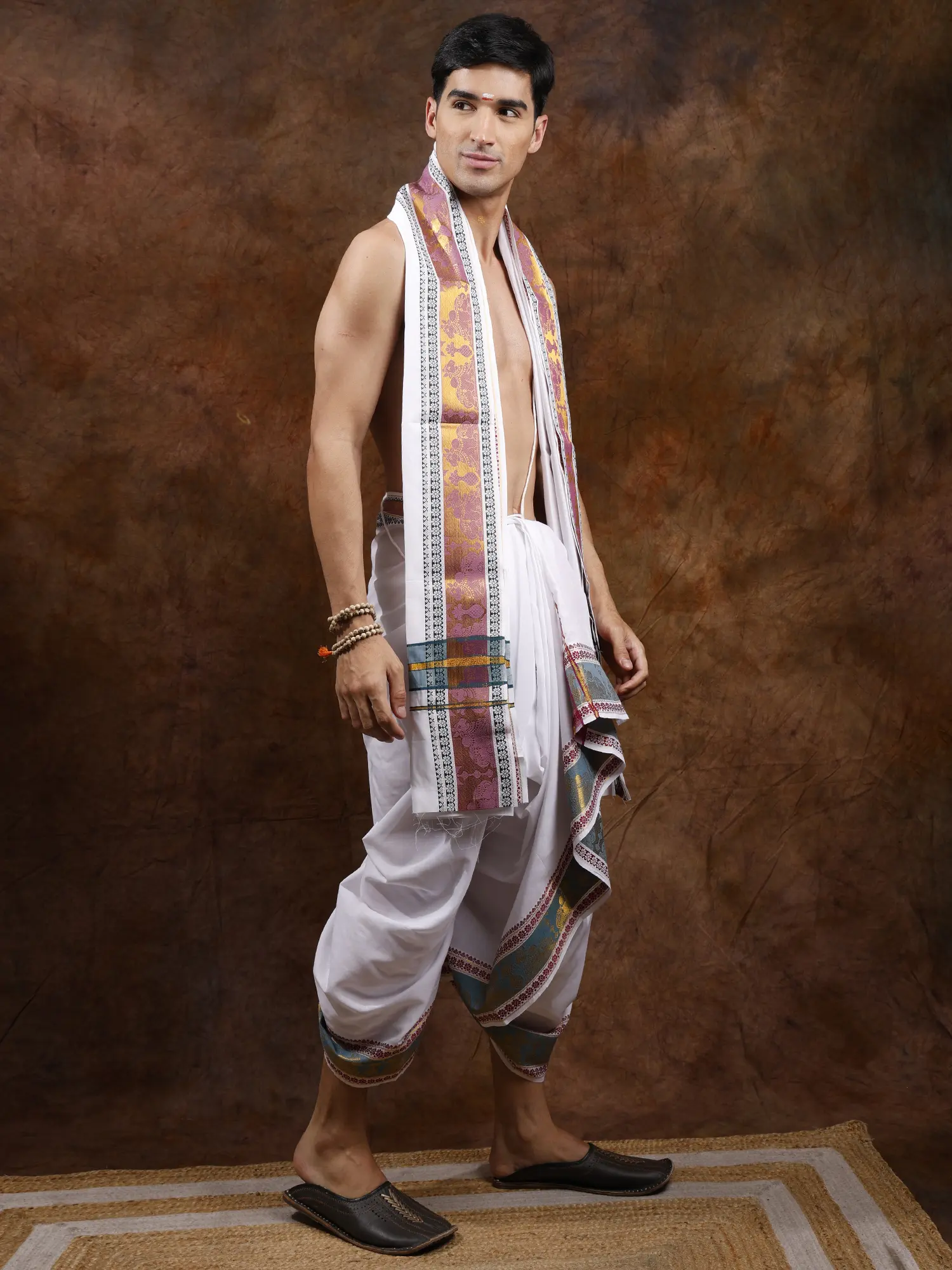 Traditional Dhoti and Angavastram Set with Woven Nandi on Border, alternate view