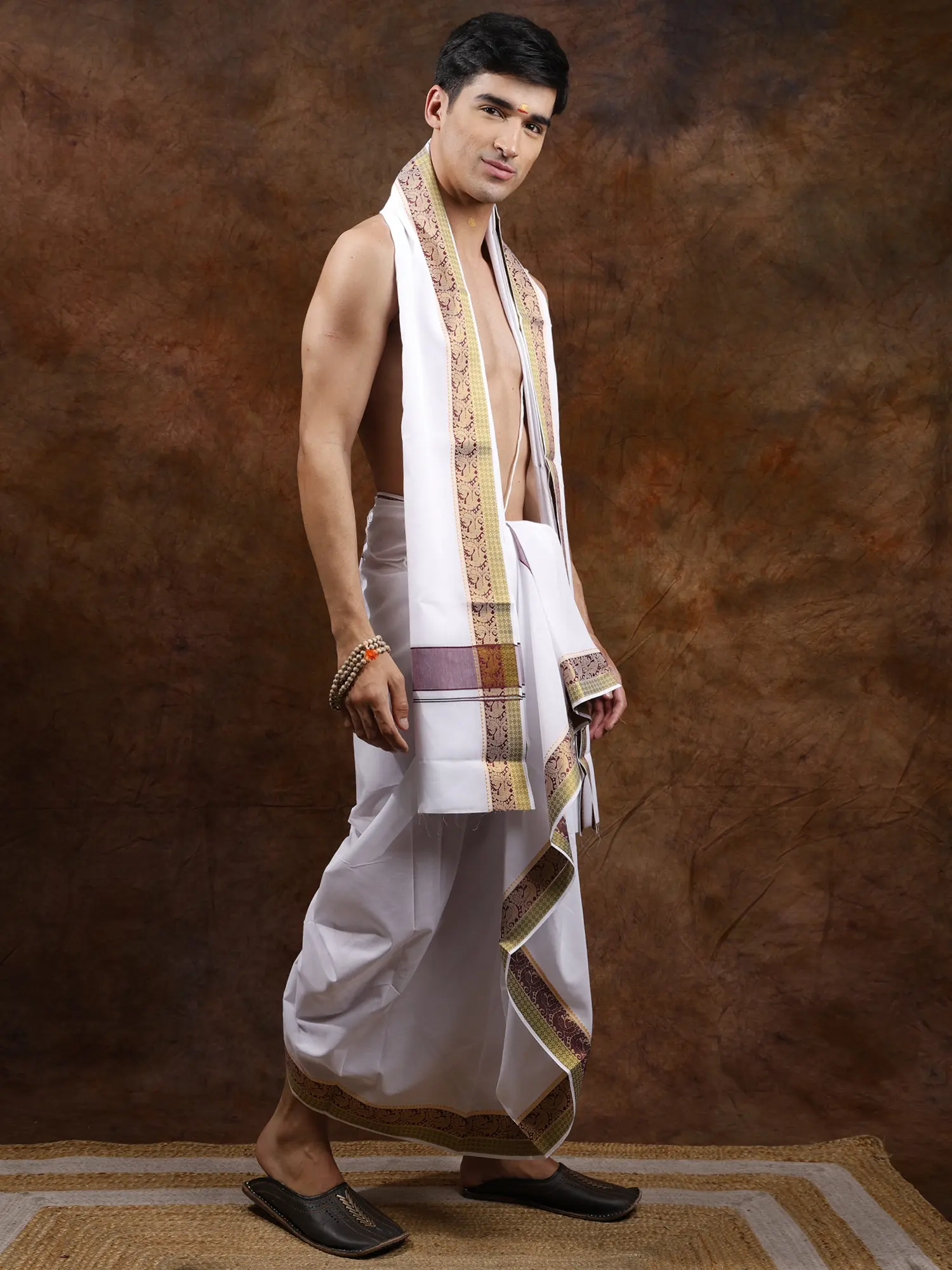 Plain Pure Cotton Dhoti and Angavastram Set with Zari Woven Peacock Border, alternate view