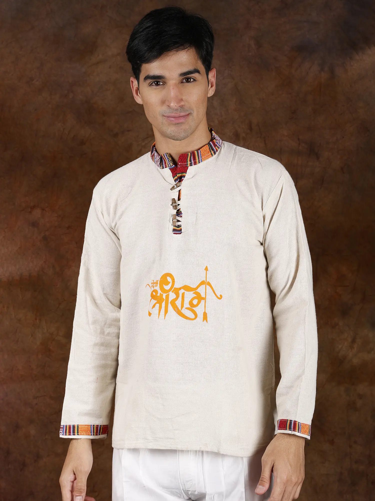 Cloud-Cream Himachali Style Short Kurta with Printed Jai Shree Ram (Unisex)