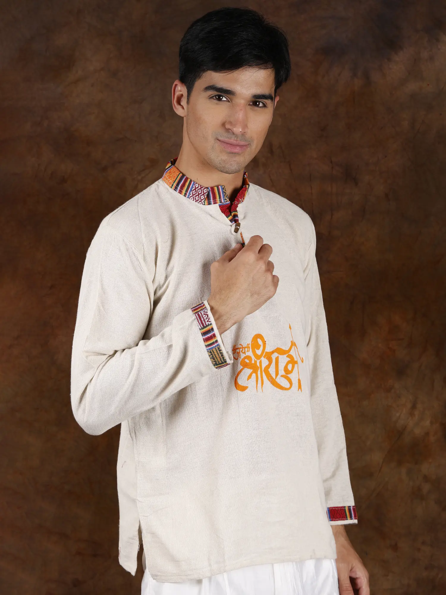 Cloud-Cream Himachali Style Short Kurta with Printed Jai Shree Ram (Unisex), alternate view