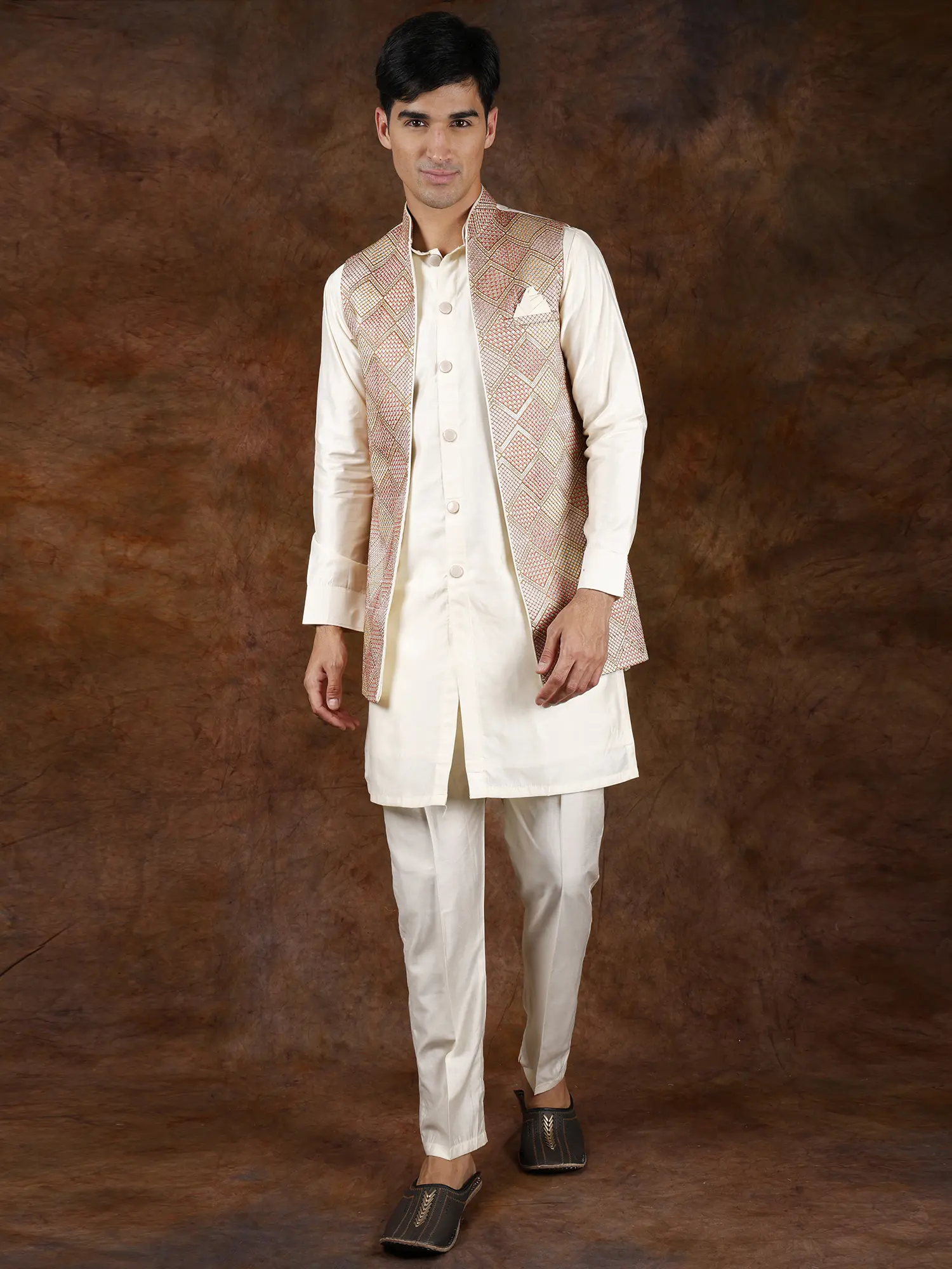 Cannoli-Cream Three Piece Kurta Pajama Set with Embroidered Front Open Jacket