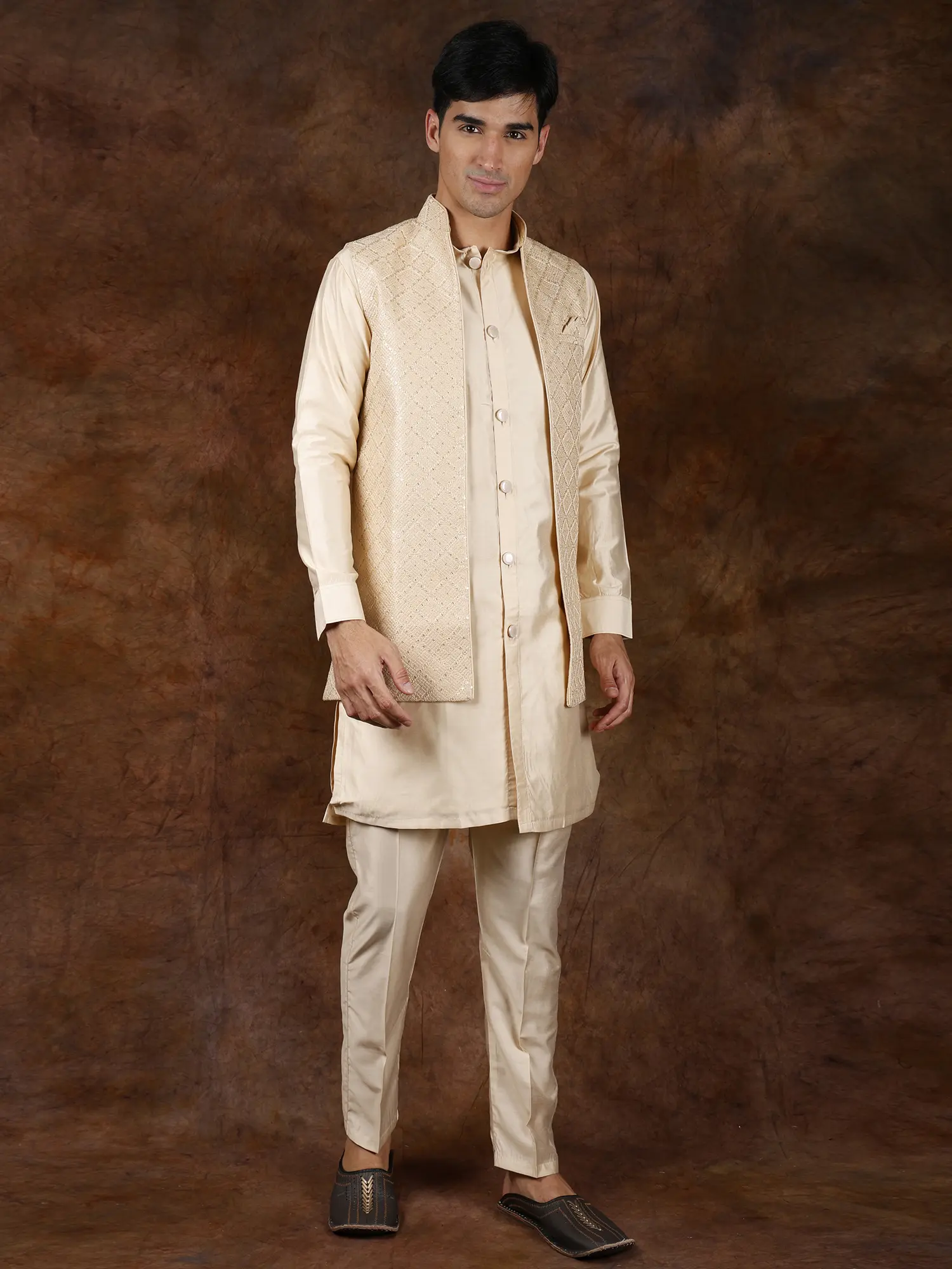 Three-Piece Wedding Kurta Pajama Set with Front Open Embroidered Jacket, alternate view