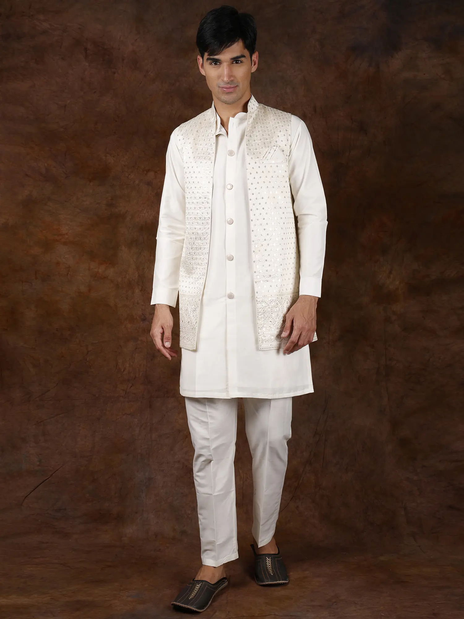 Vanilla-Ice Three-Piece Kurta Pajama Set with Sequins Embroidered Front Open Long Waistcoat