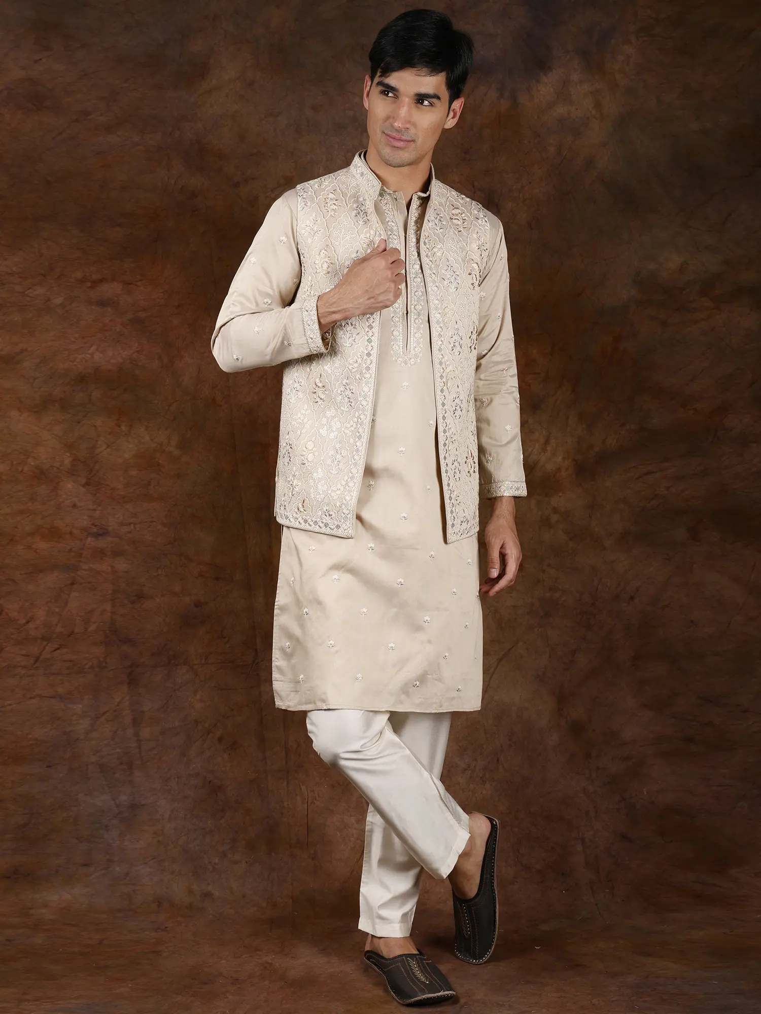Creme-Brulee Wedding Kurta Pajama Set with Parsi Embroidery on Jacket in Pastel Hues, alternate view