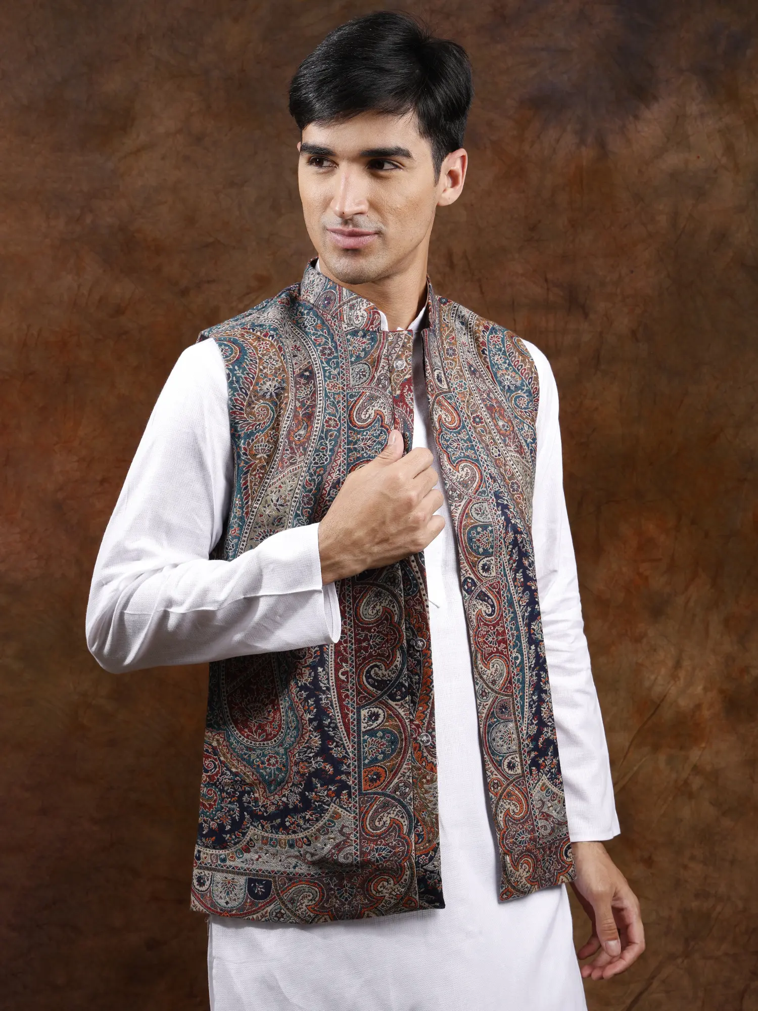 Kani Jamawar Nehru Jacket with Woven Paiselys and Flowers, alternate view