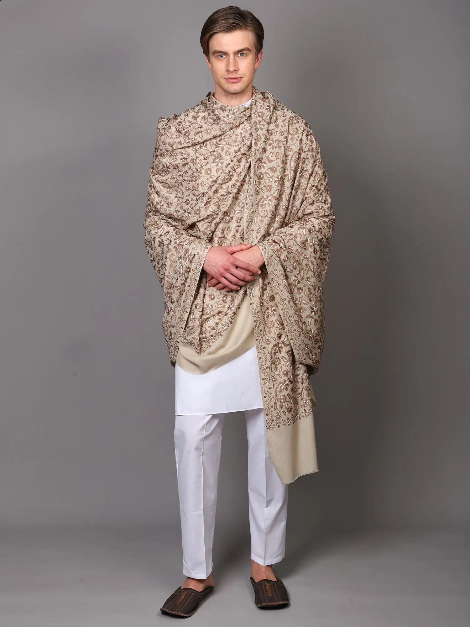 Pure Wool Men's Shawl from Amritsar with All-Over Aari Embroidered Paisley Vines