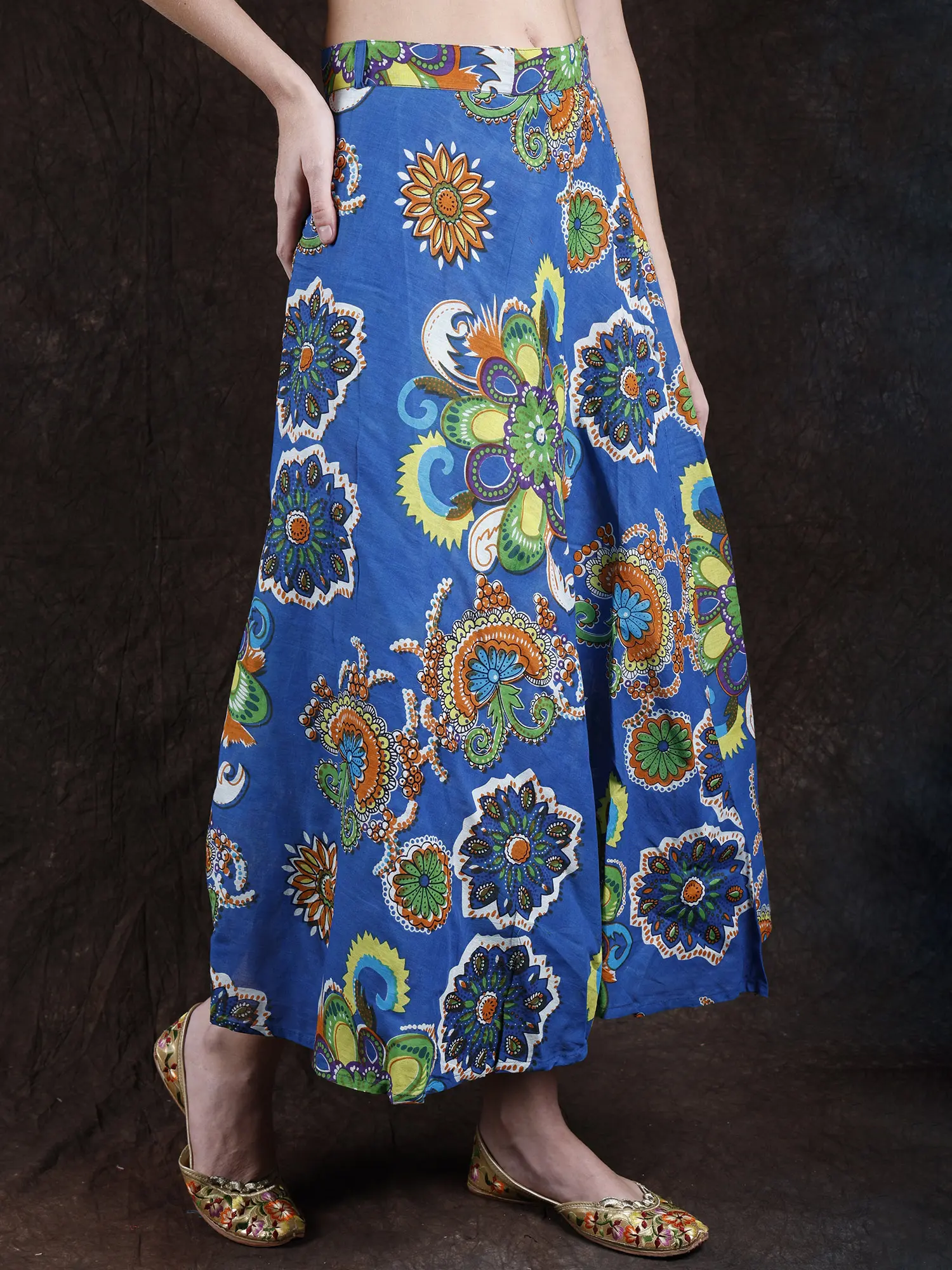Imperial-Blue Wrap-On Skirt with Screen Printed Flowers, alternate view