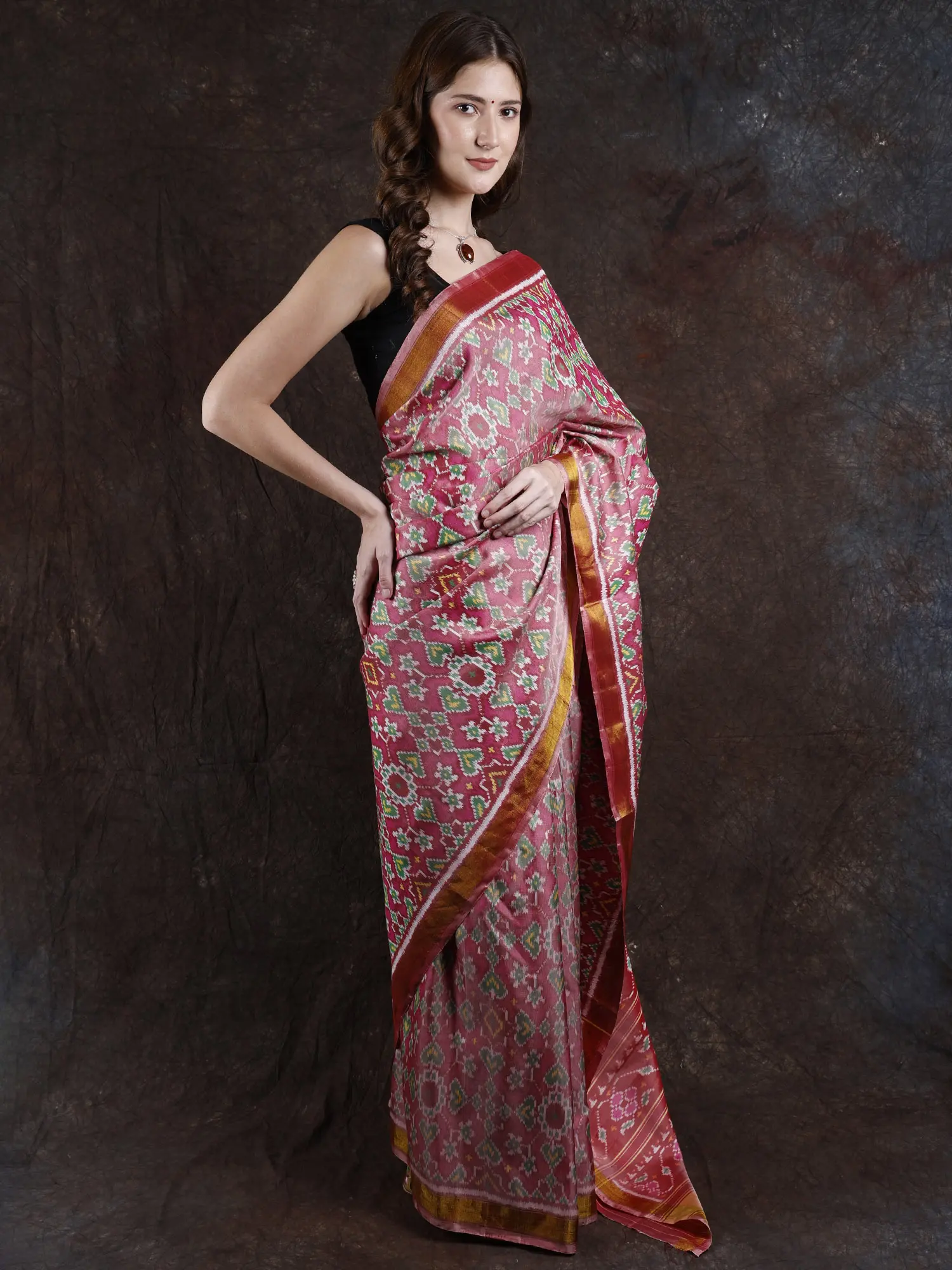 Baroque-Rose Pure Silk Handloom Patan Patola Ikat Saree from Gujarat, alternate view