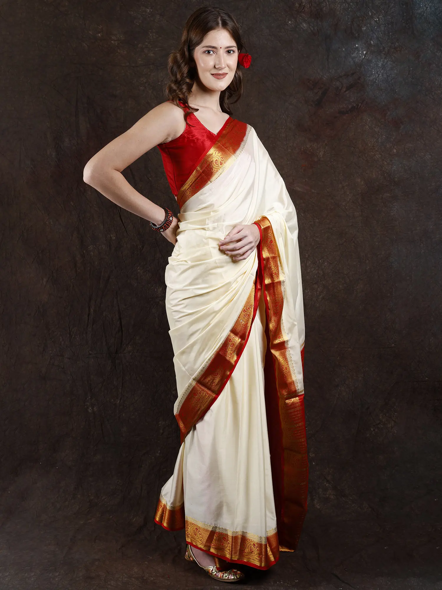 Lemon-Icing Plain Saree from Bangalore with Zari Woven Paisley Border, alternate view