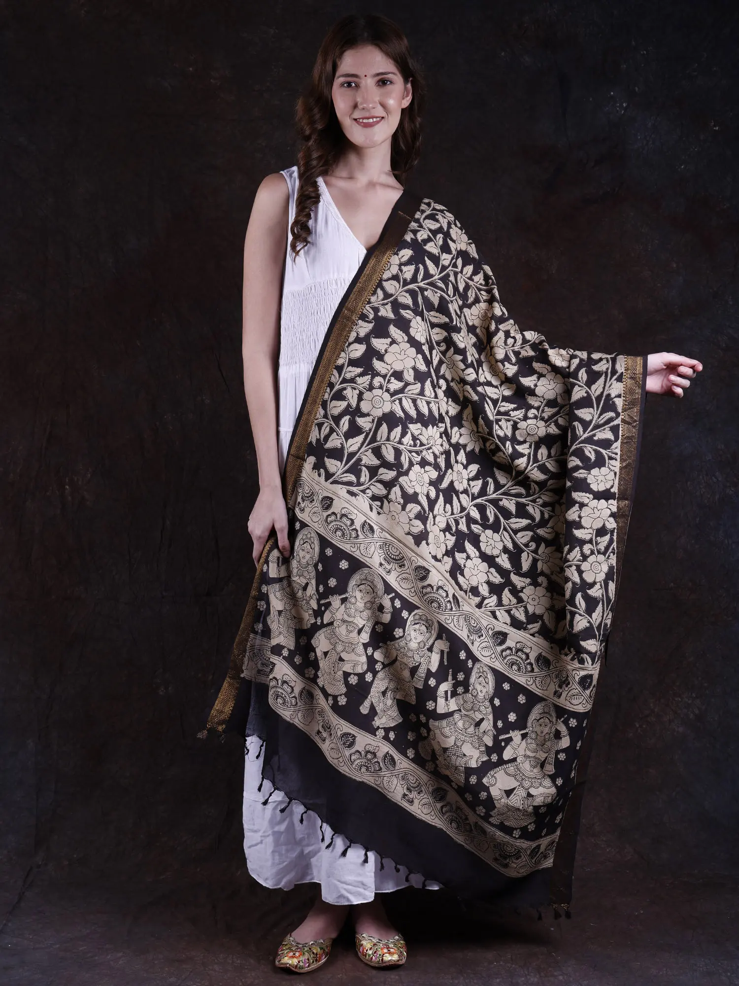 Black-Ink Floral Printed Kalamkari Dupatta from Telangana with Zari Woven Border and Dancing Apsaras