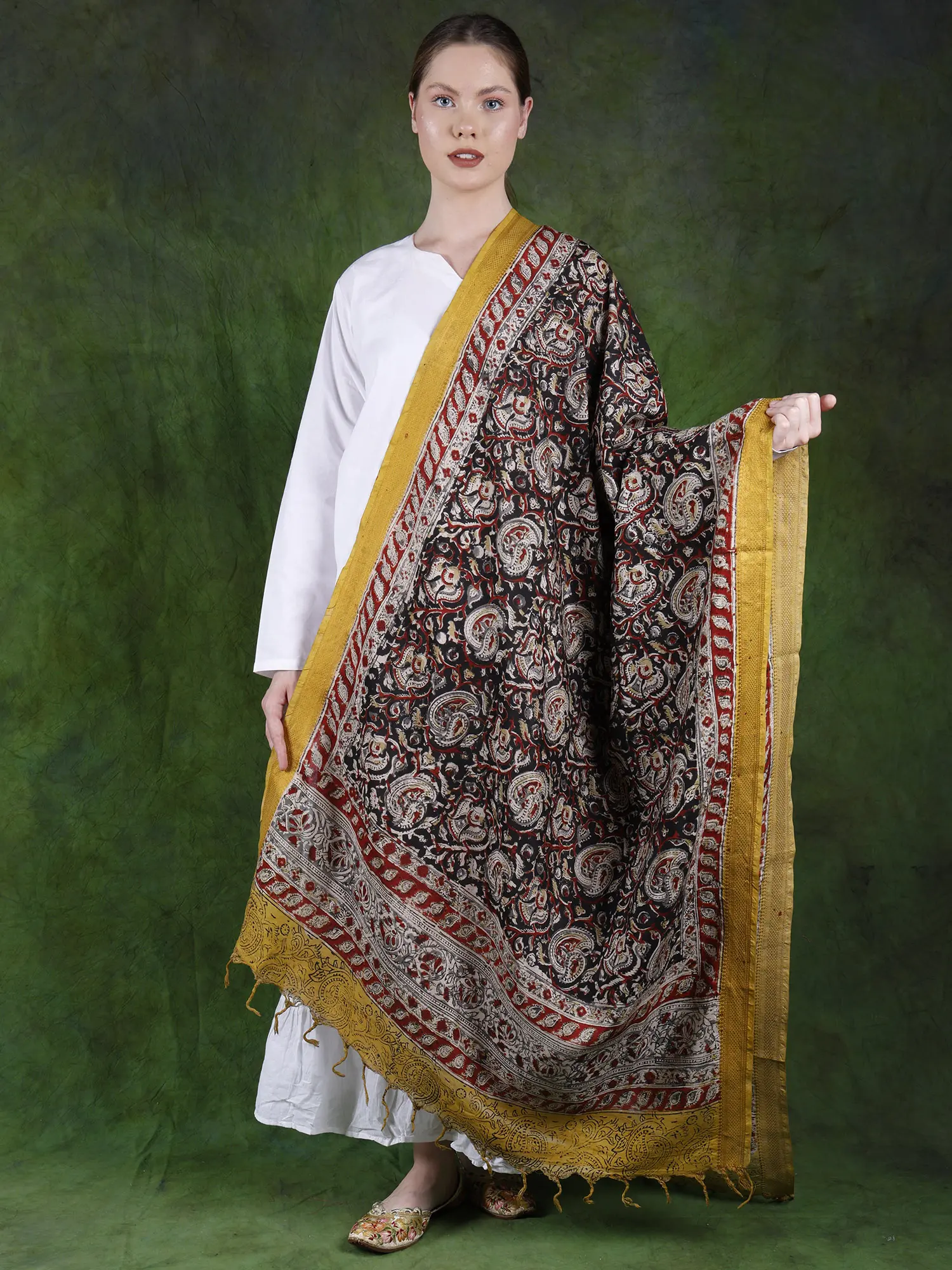 Forest-River Kalamkari Dupatta from Telangana with Zari Border and Printed Paisleys