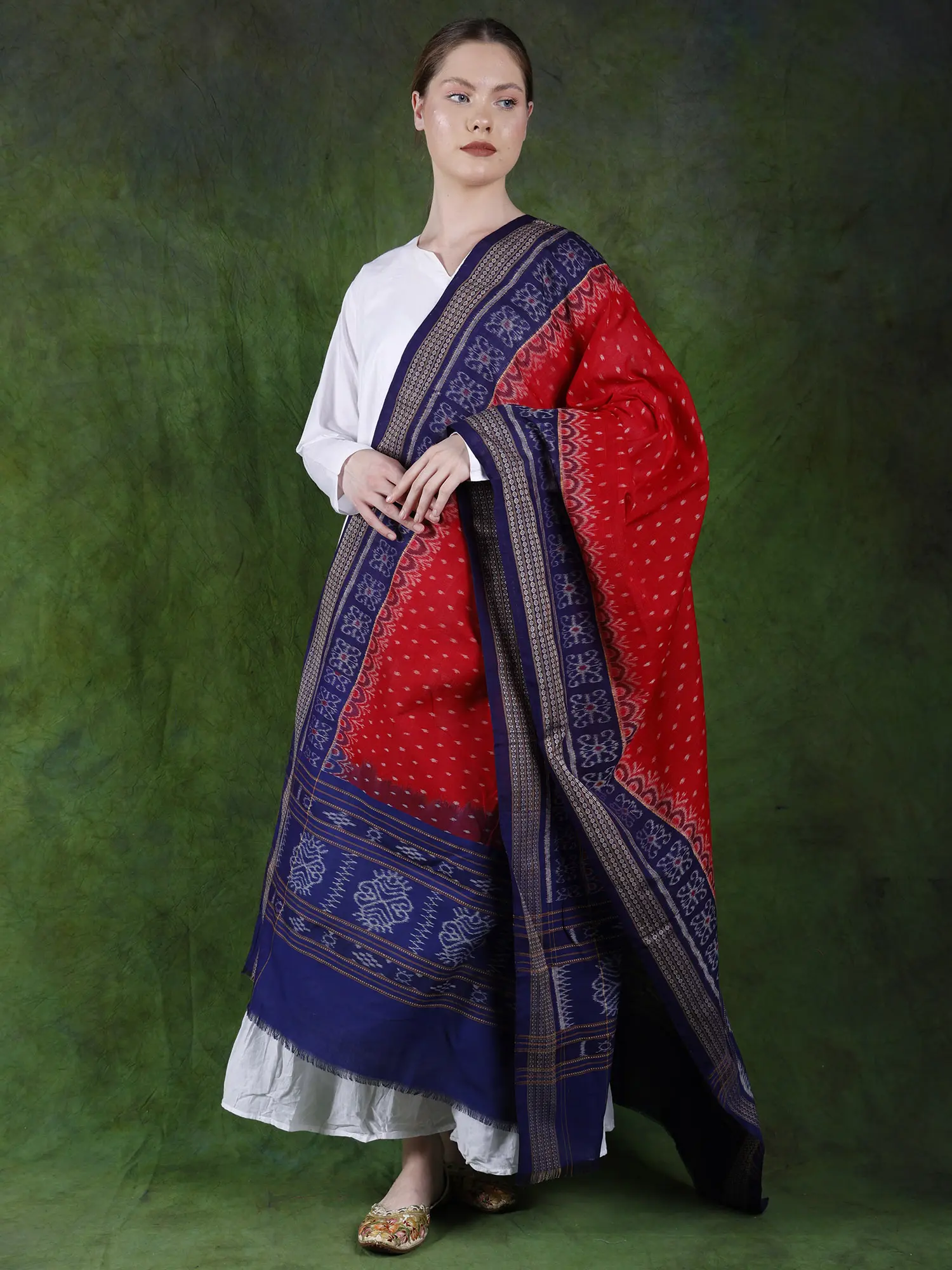 Pure Cotton Ikat Handloom Dupatta from Sambalpur with Woven Border