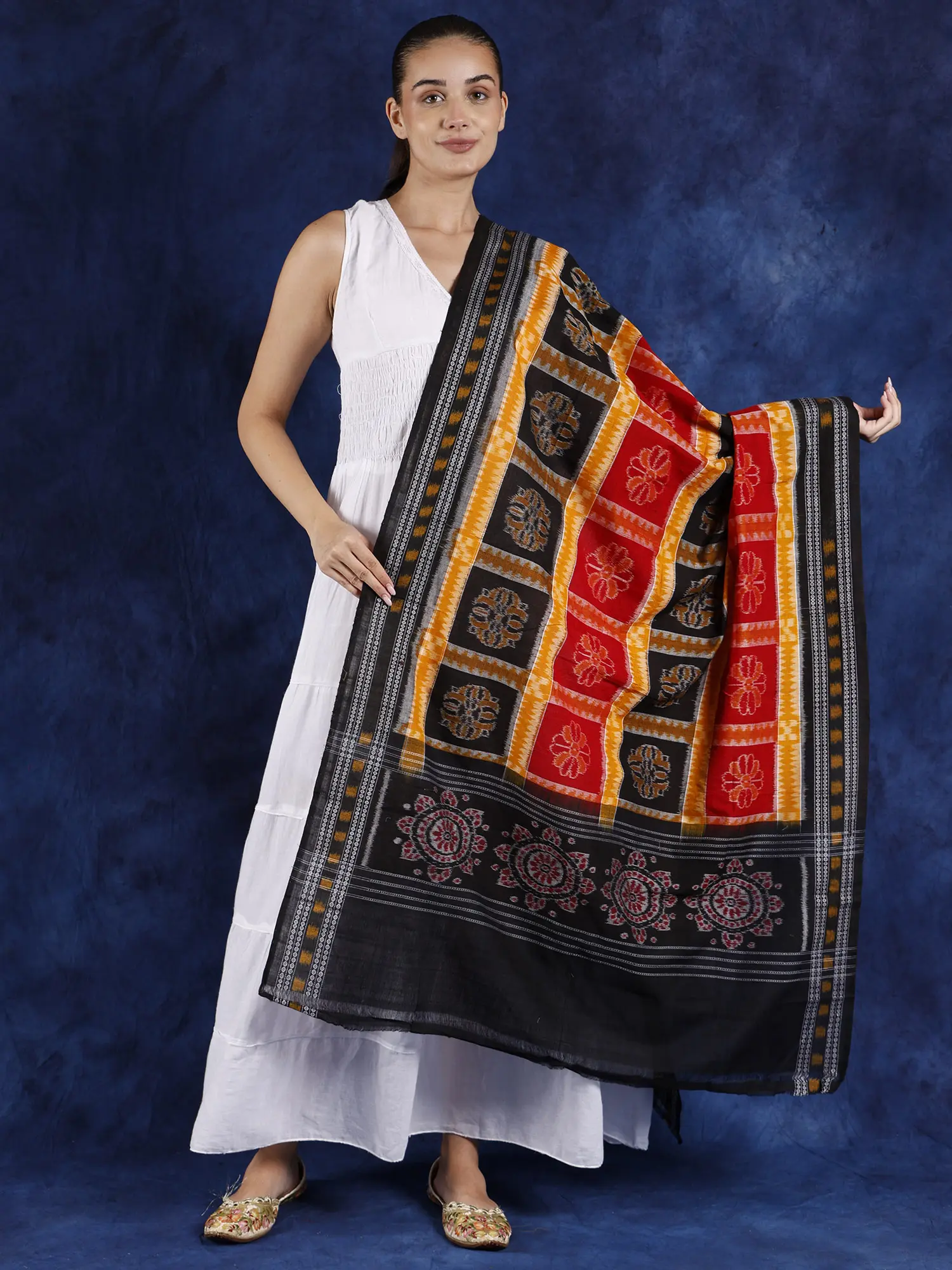 Ikat Handloom Pure Cotton Dupatta from Sambalpur with Woven Flowers