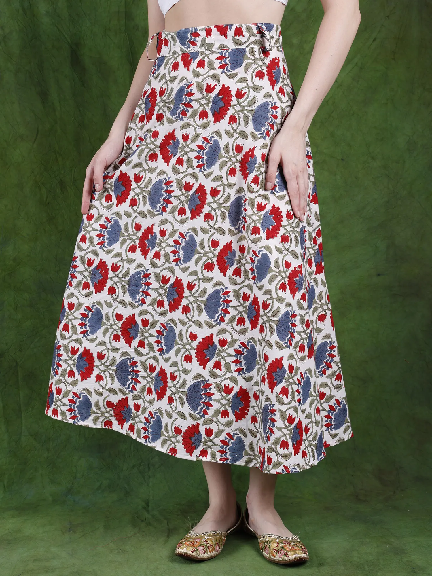 Lucent-White Wrap Around Long Skirt with Block Printed Flowers
