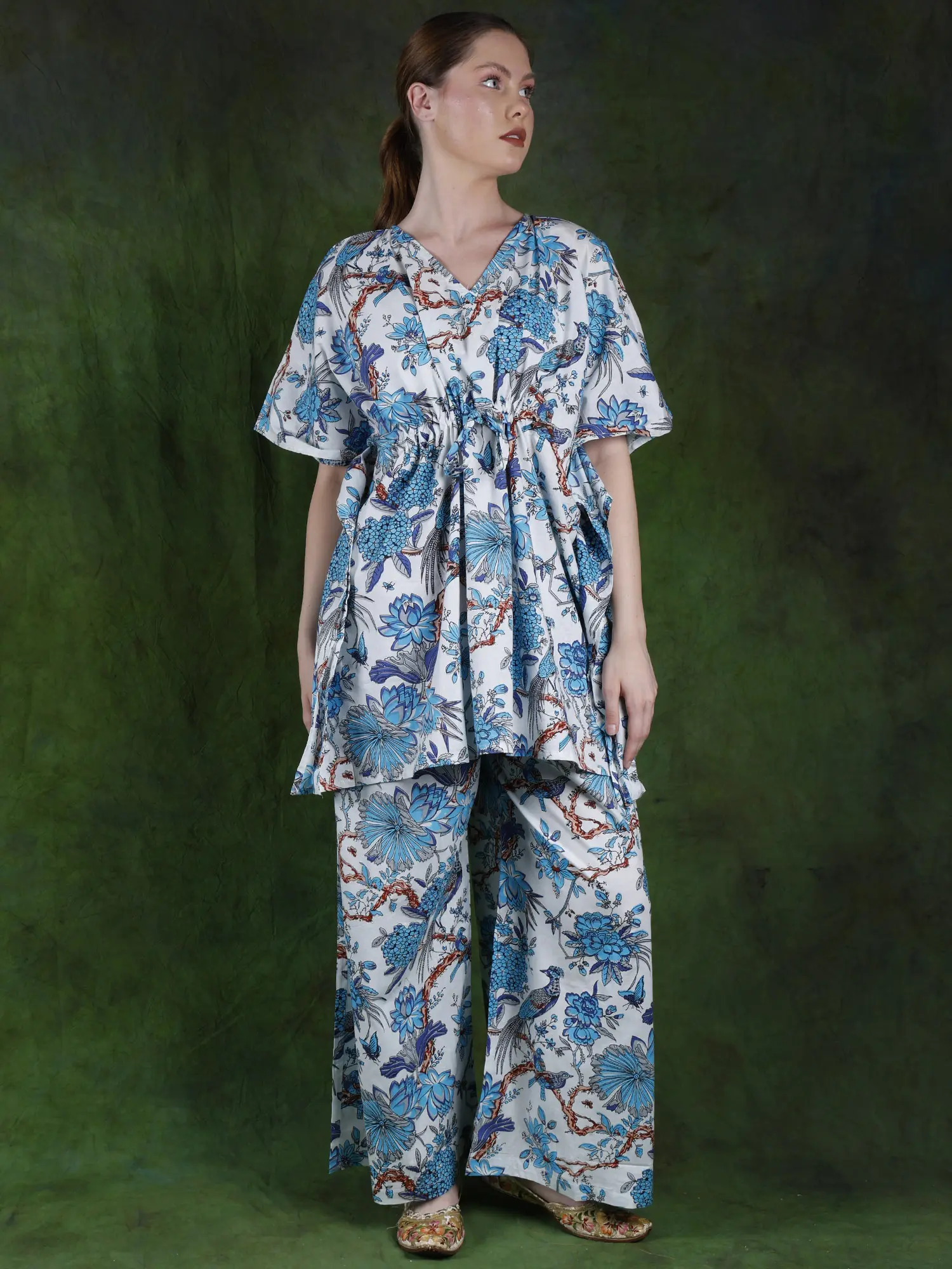 White & Blue Kaftan Style Co-Ord Set with Printed Birds and Flowers, alternate view