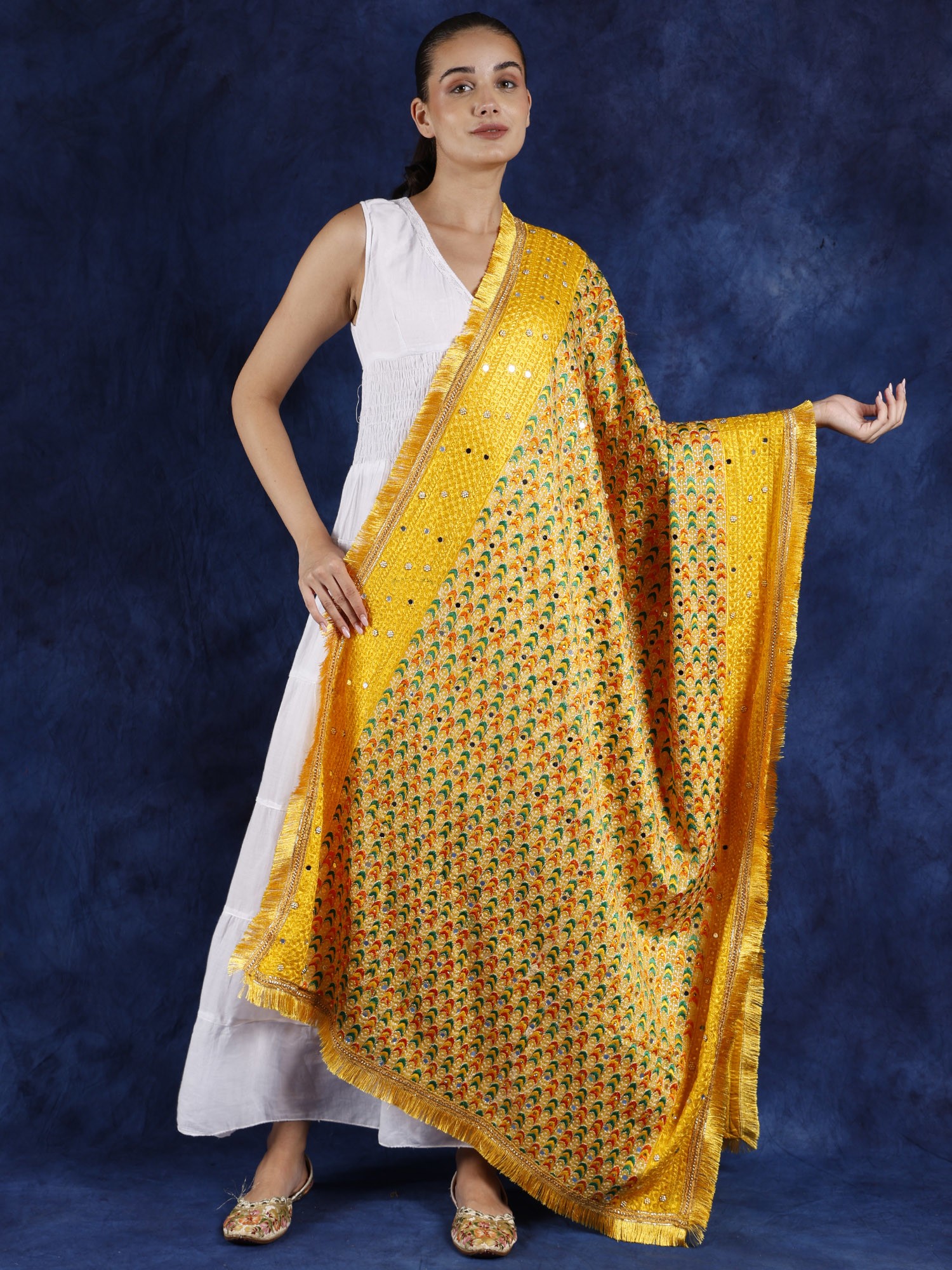 Phulkari Dupatta from Punjab with Multicolor Thread Embroidery and