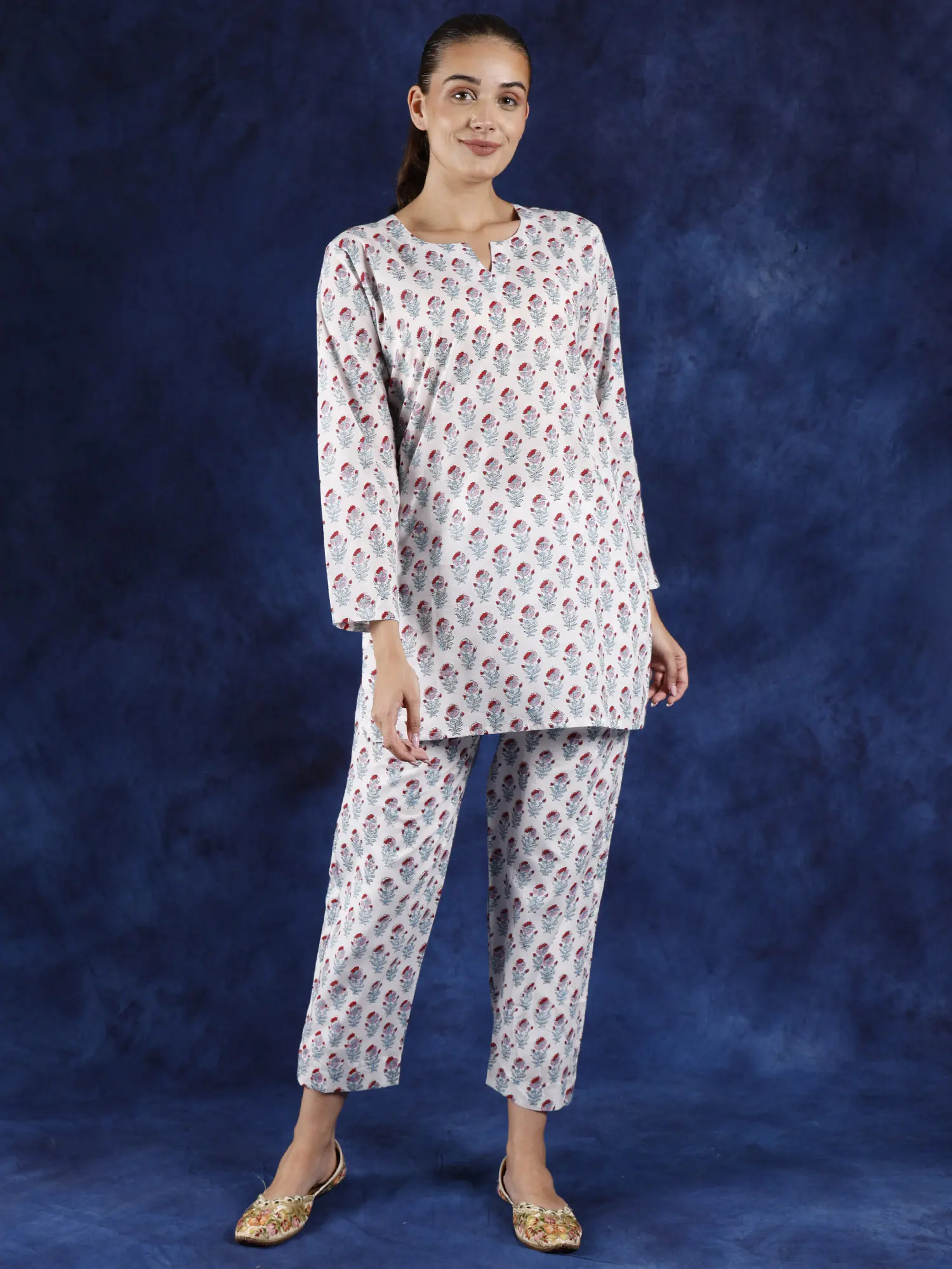 Lucent-White Side Pocket Co-Ord Set with Block Printed Floral Butta