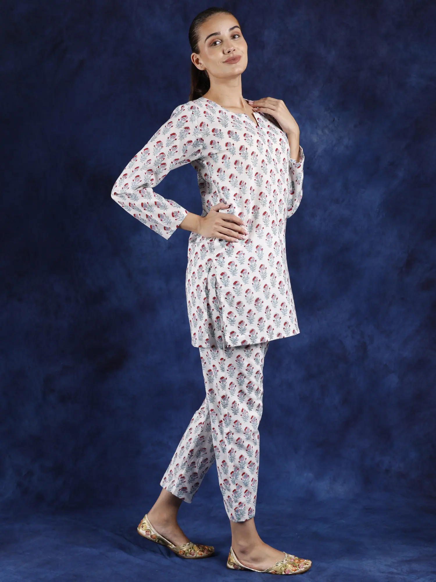 Lucent-White Side Pocket Co-Ord Set with Block Printed Floral Butta, alternate view