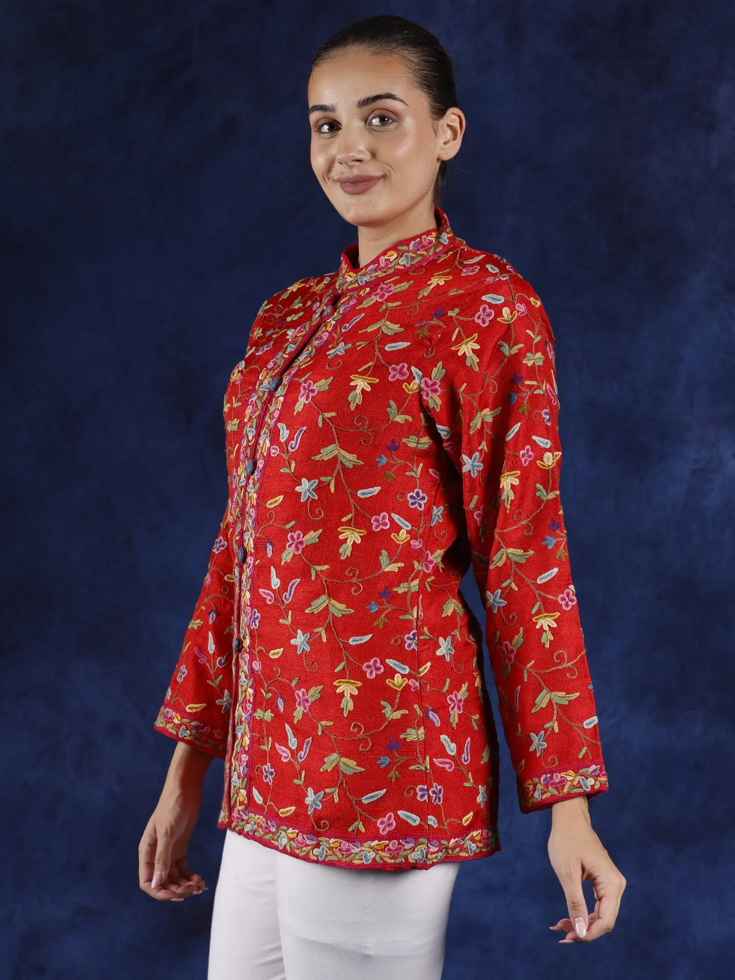 True-Red Pure Silk Short Jacket from Kashmir with Hand Aari Embroidered Floral Vines on All-Over, alternate view