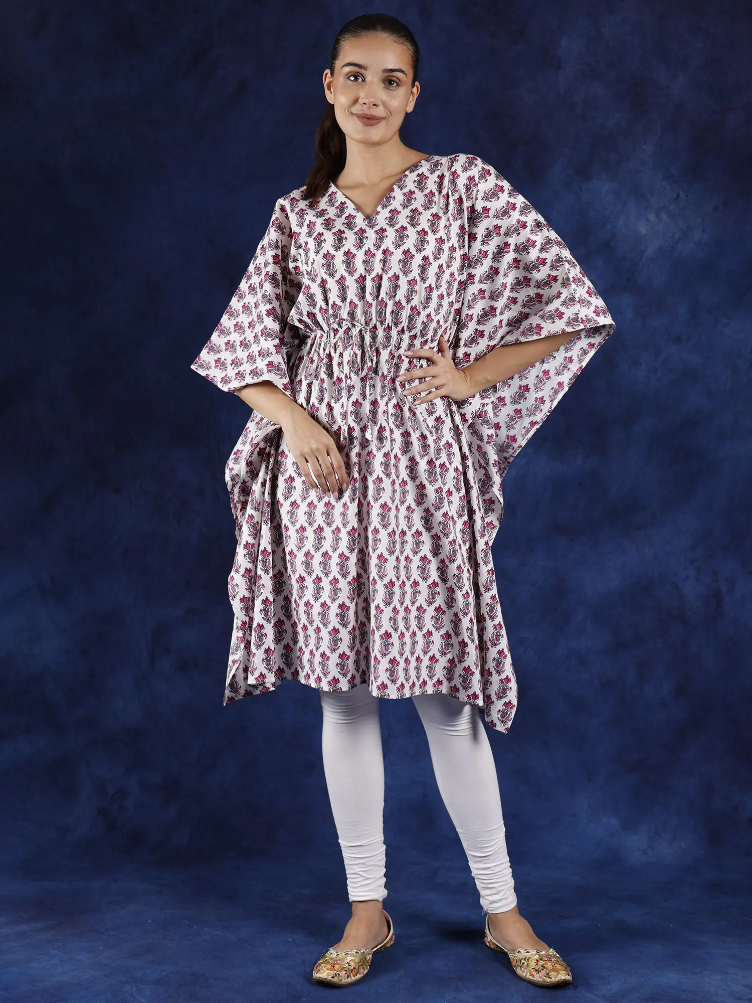 Snow-White Pure Cotton Kaftan with Printed Floral Butta