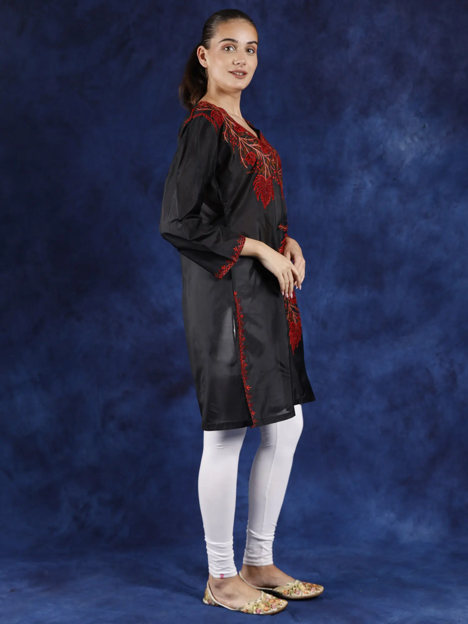 Black-Onyx Pure Silk Kashmiri Long Kurti with Aari Hand Embroidered Maple Vines, alternate view