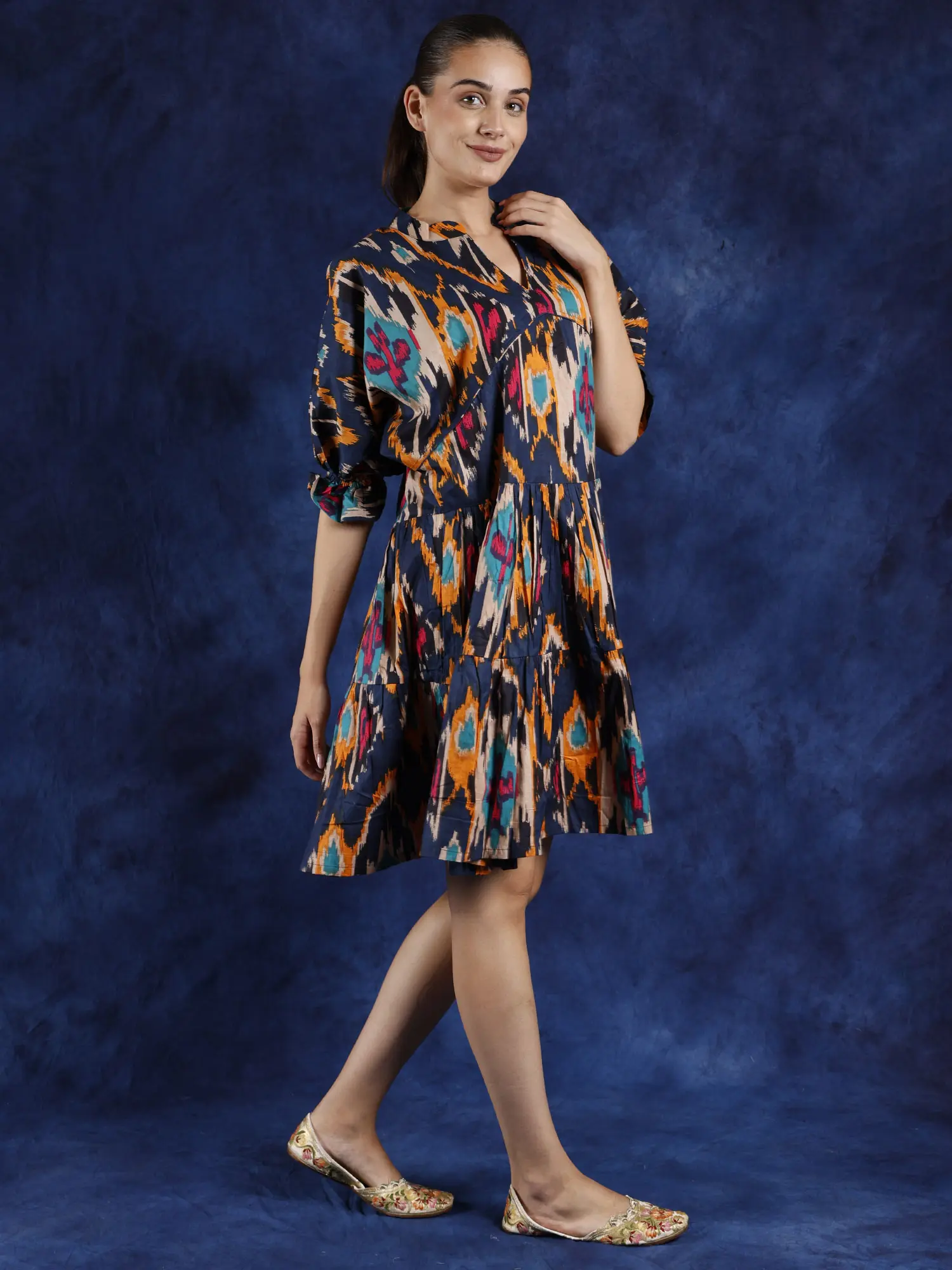 Pure Cotton Multicolor Ikat Printed Short Dress with Puffed Sleeve, alternate view