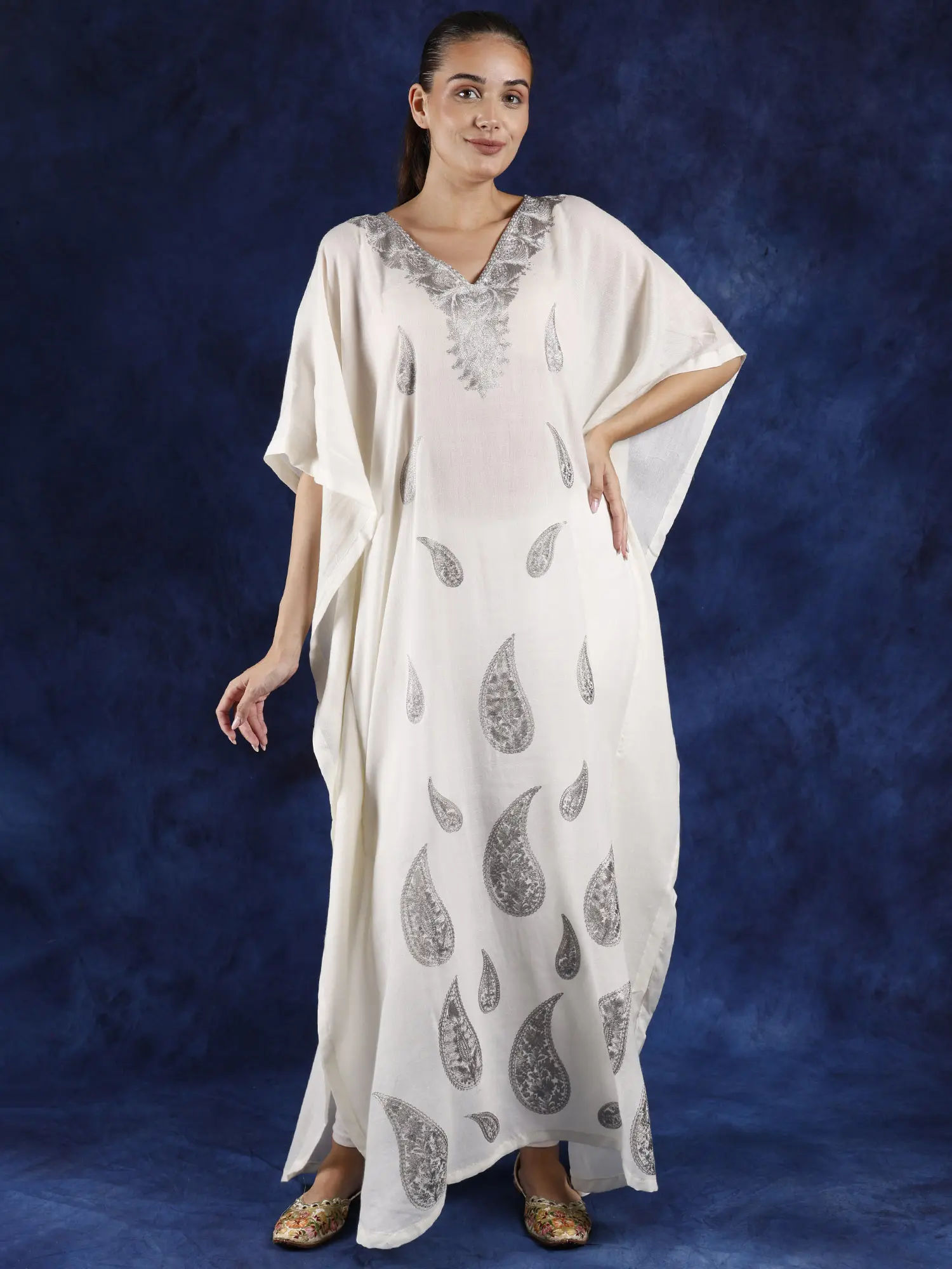 Cannoli-Cream Pure Wool Long Kaftan from Kashmir with Paisley Motifs Aari Embroidery