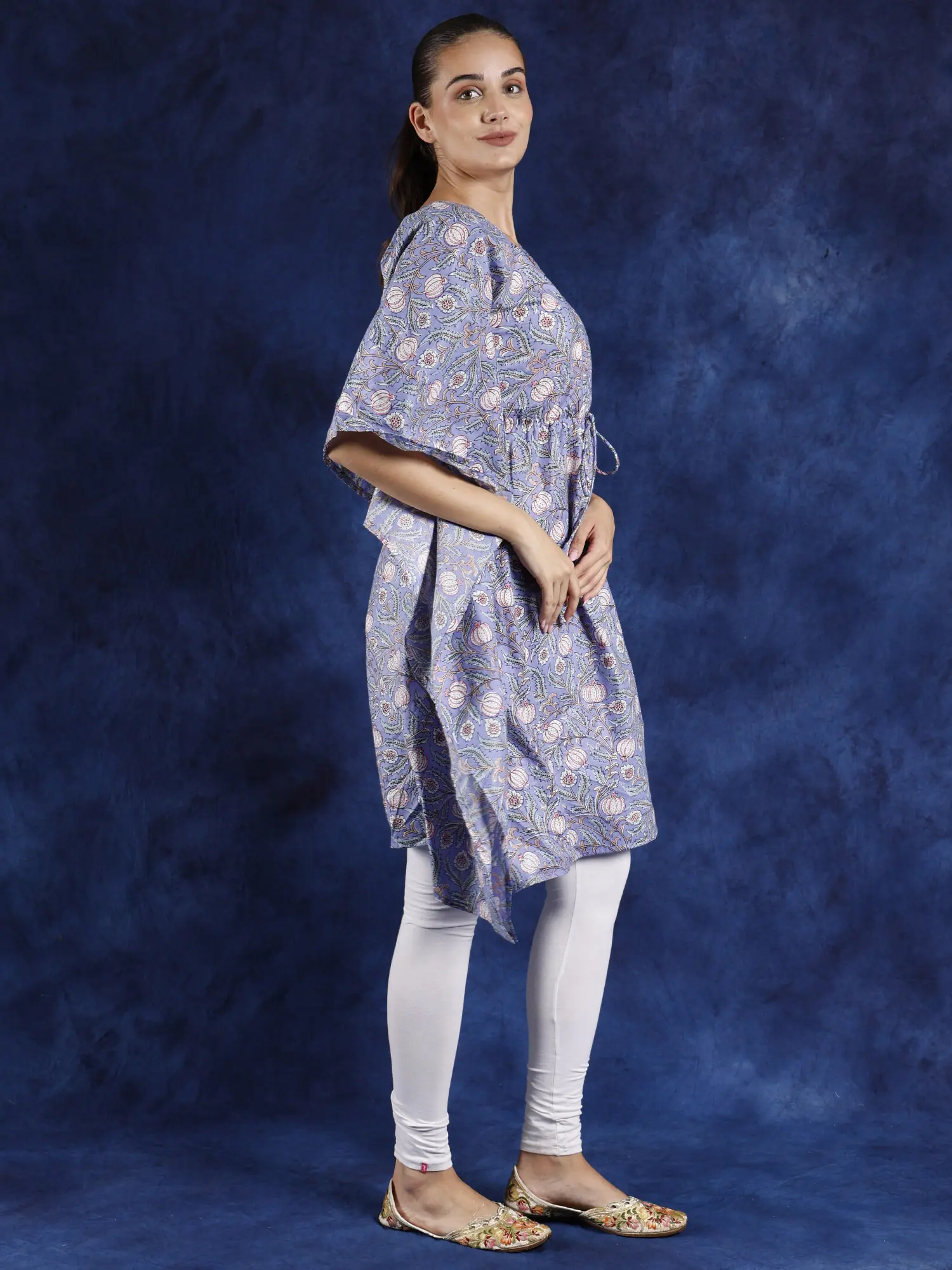 Easter-Egg Pure Cotton Kaftan with Printed Floral Vines, alternate view