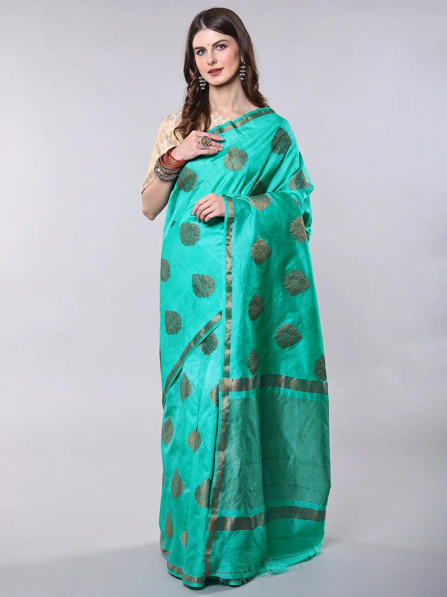 Art Silk Saree from Chennai with Zari Woven Paisley Butta and Striped Pallu