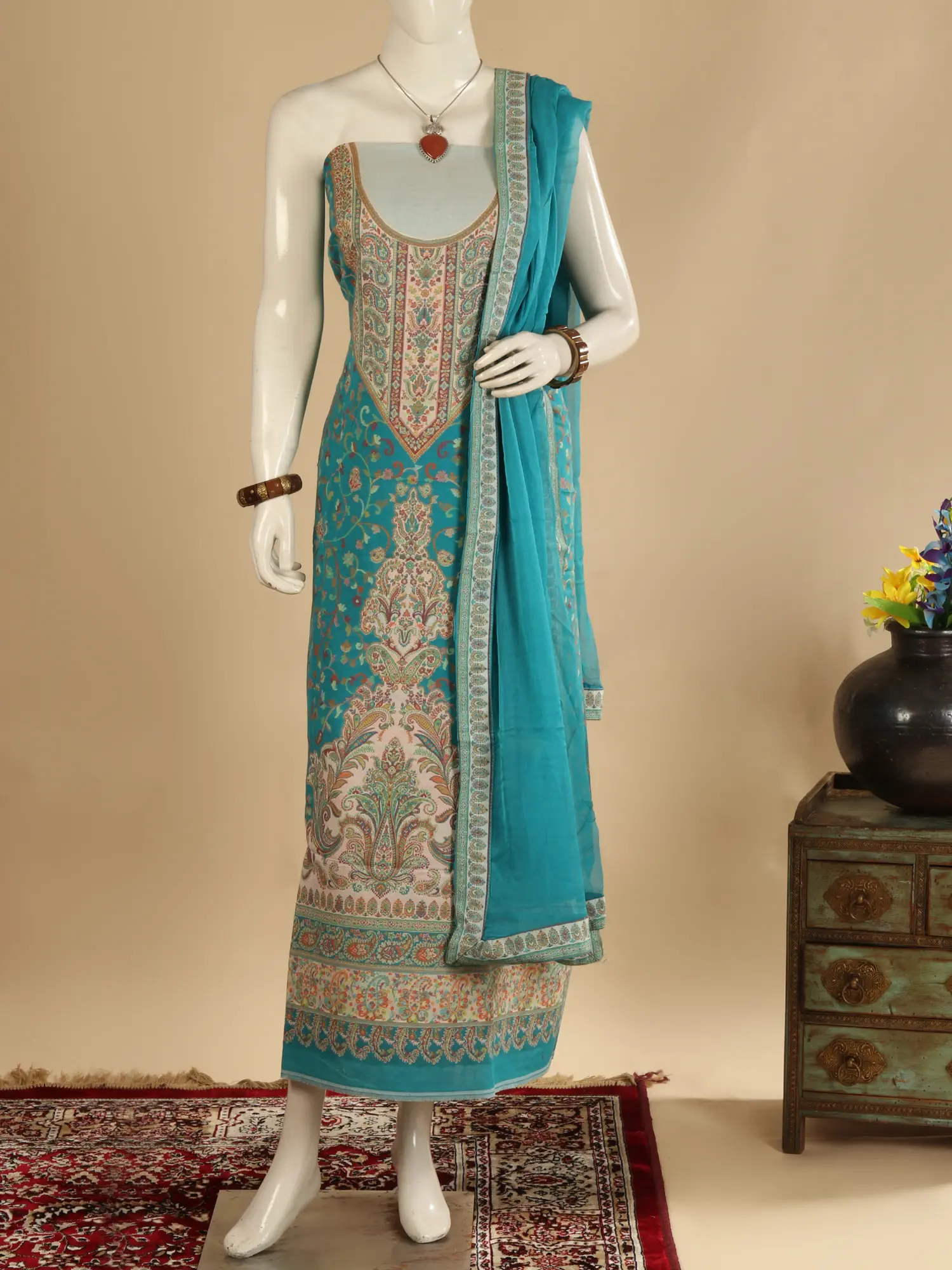 Tahitian-Teal Kani Jamawar Salwar Kameez Fabric with Dupatta and Woven Paisleys