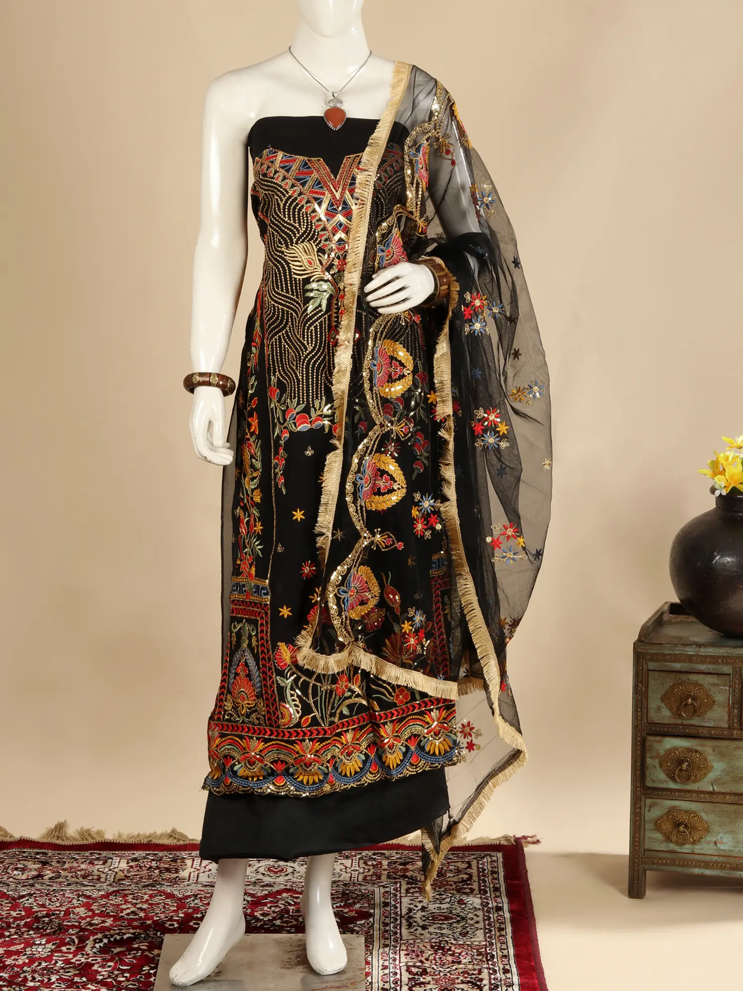 Black-Beauty Georgette Salwar Suit Fabric with Net Dupatta and Zari & Sequined Floral Embroidery