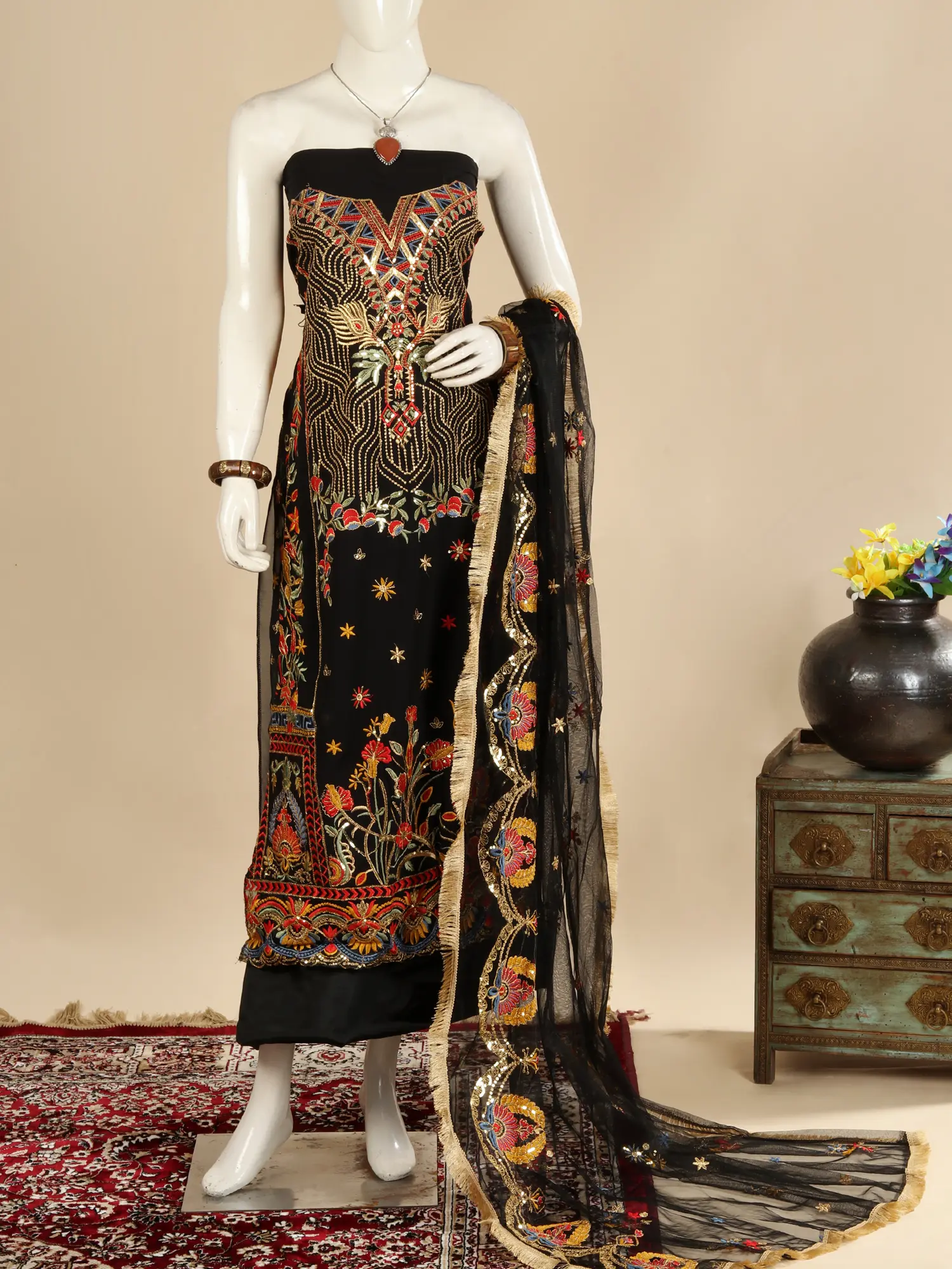 Black-Beauty Georgette Salwar Suit Fabric with Net Dupatta and Zari & Sequined Floral Embroidery, alternate view