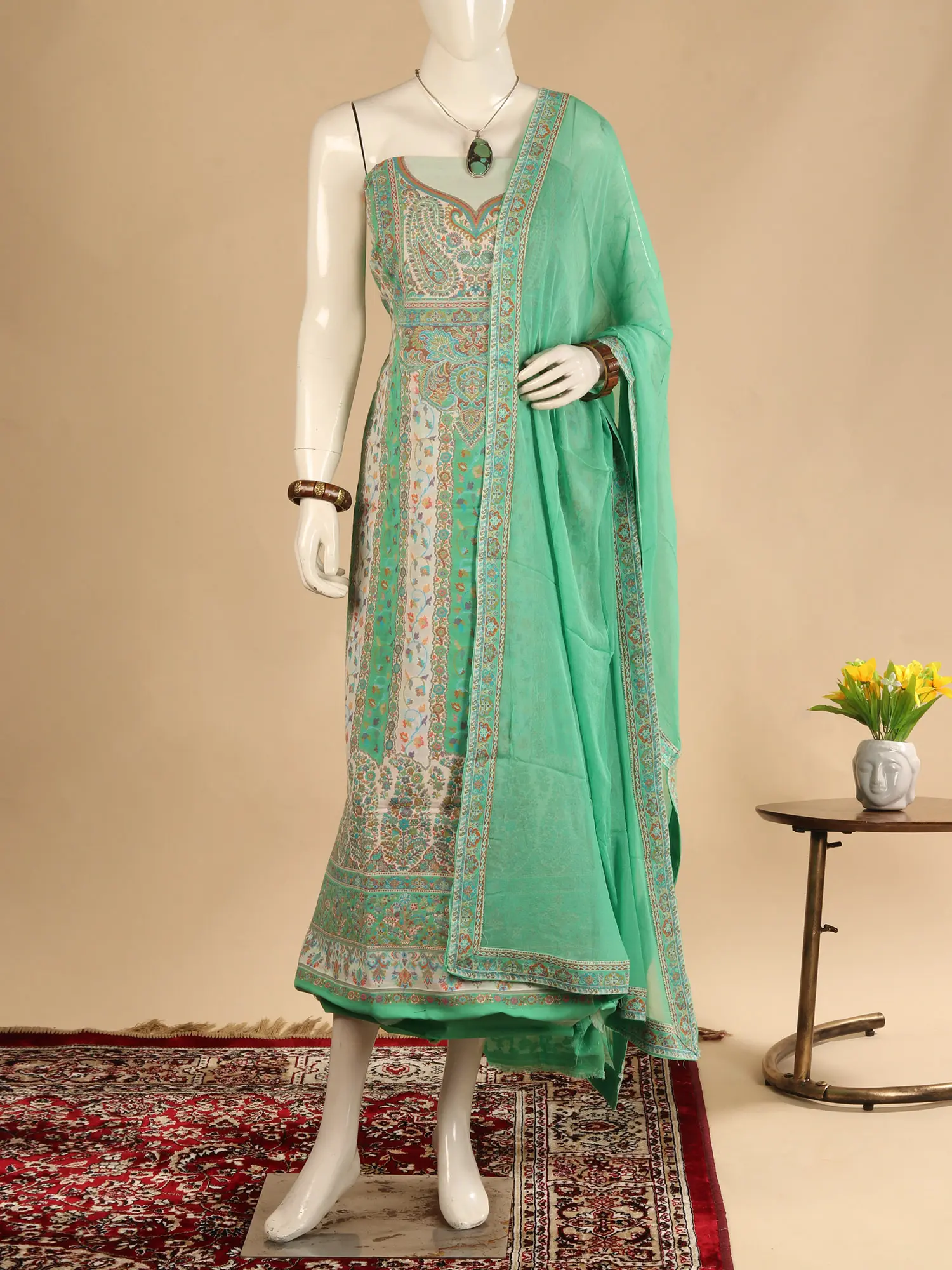 Jade-Green Poly Wool Jamawar Salwar Suit Fabric from Amritsar with Dupatta and Multicolor Kani Weave