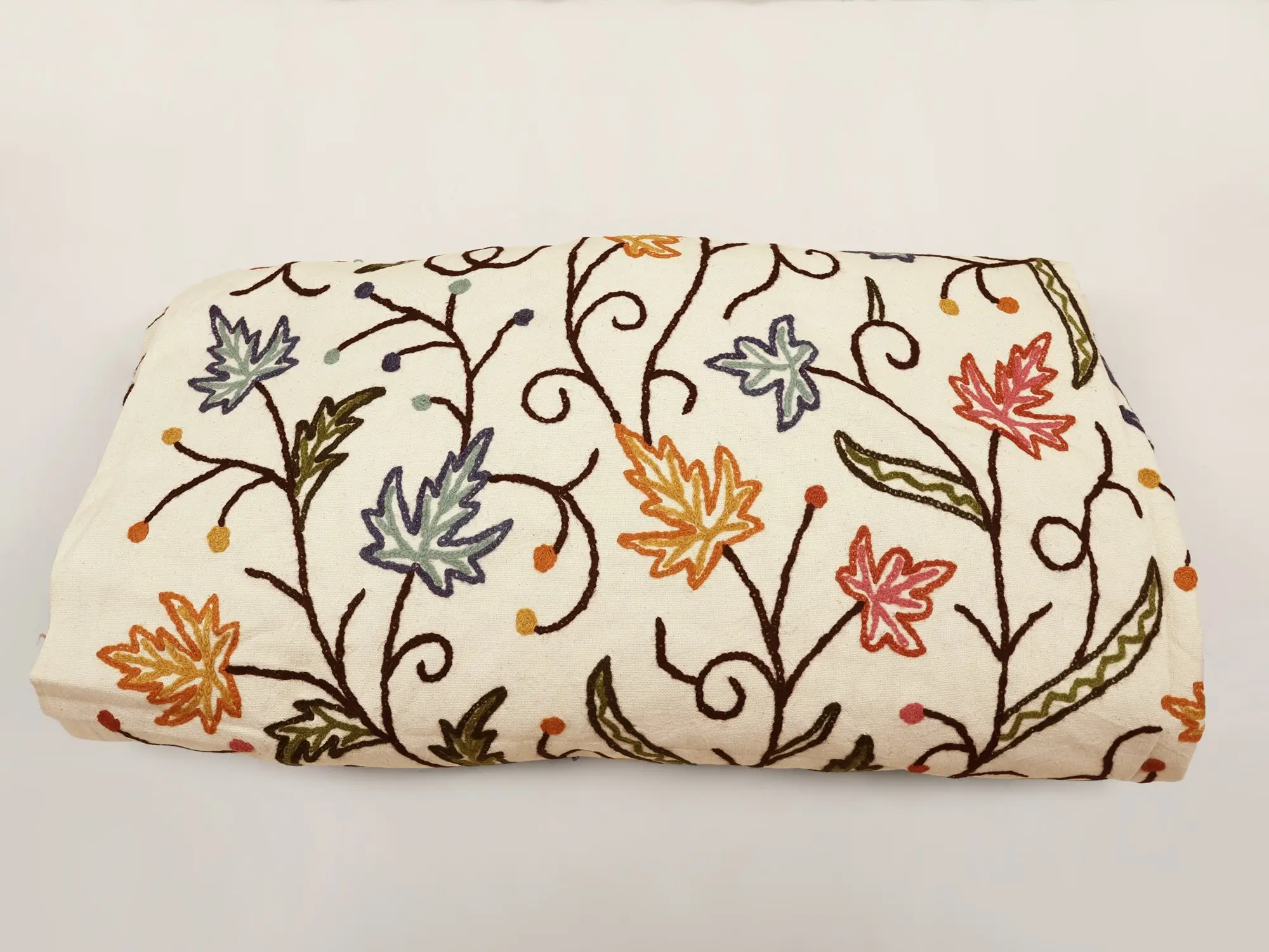 Pristine-White Fabric from Kashmir with Aari Hand-Embroidered Maple Leaves in Multi-color Thread