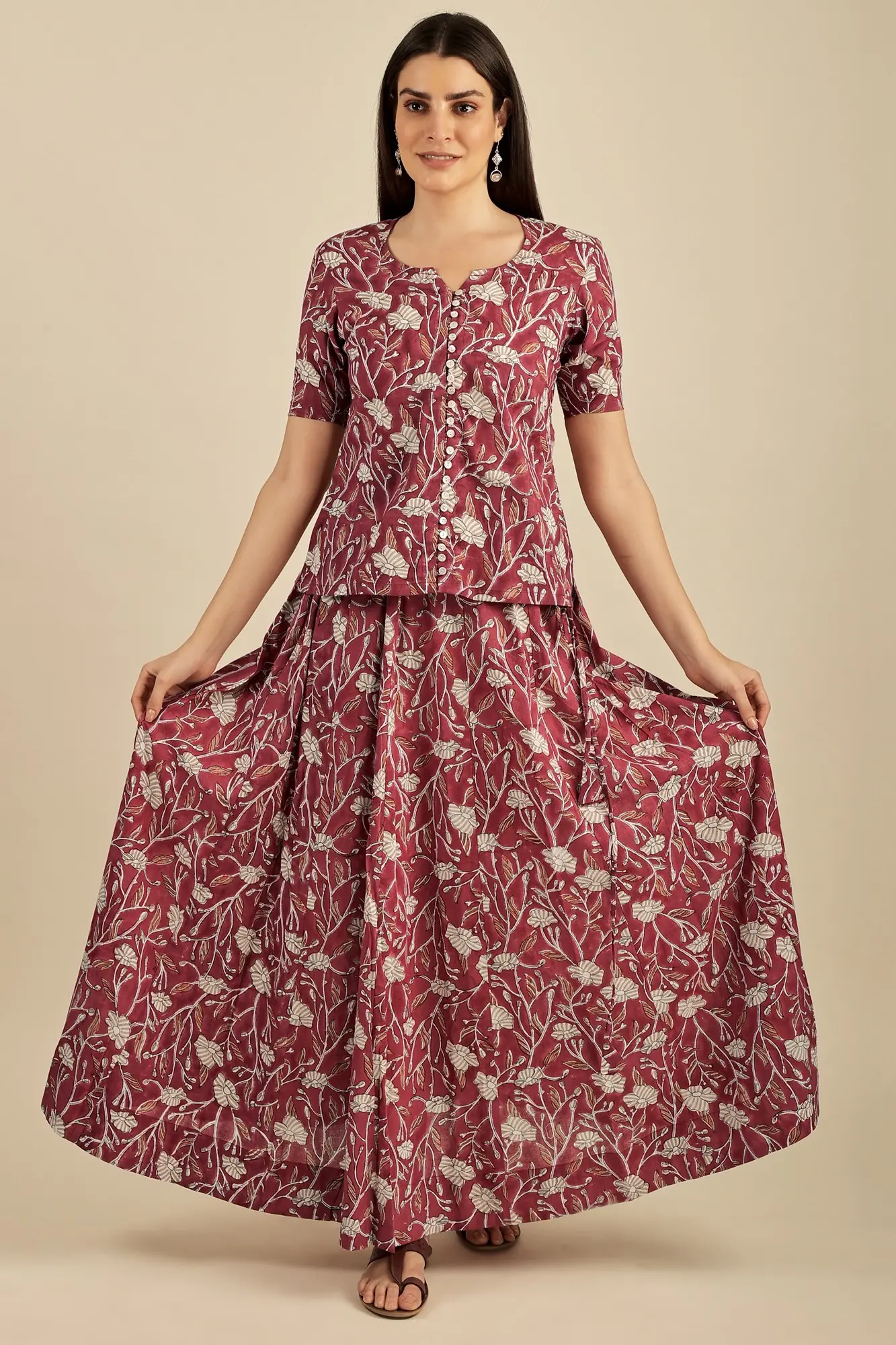 "Lavanya” The Red Hue – Hand Block Printed Paneled Flared Skirt with Front Open Top