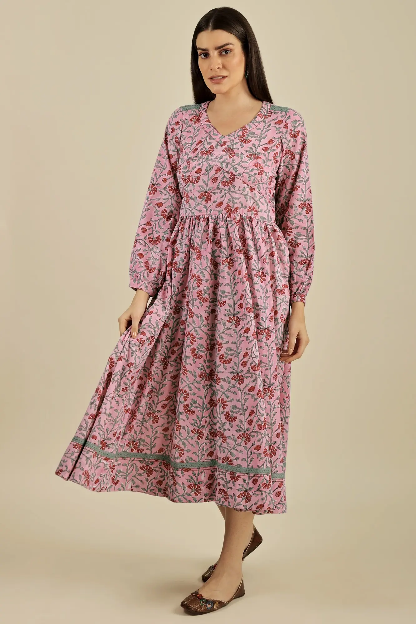"Arunima" Glow of Dawn - Hand Block Printed Pleated Finely Shaped Flared Dress