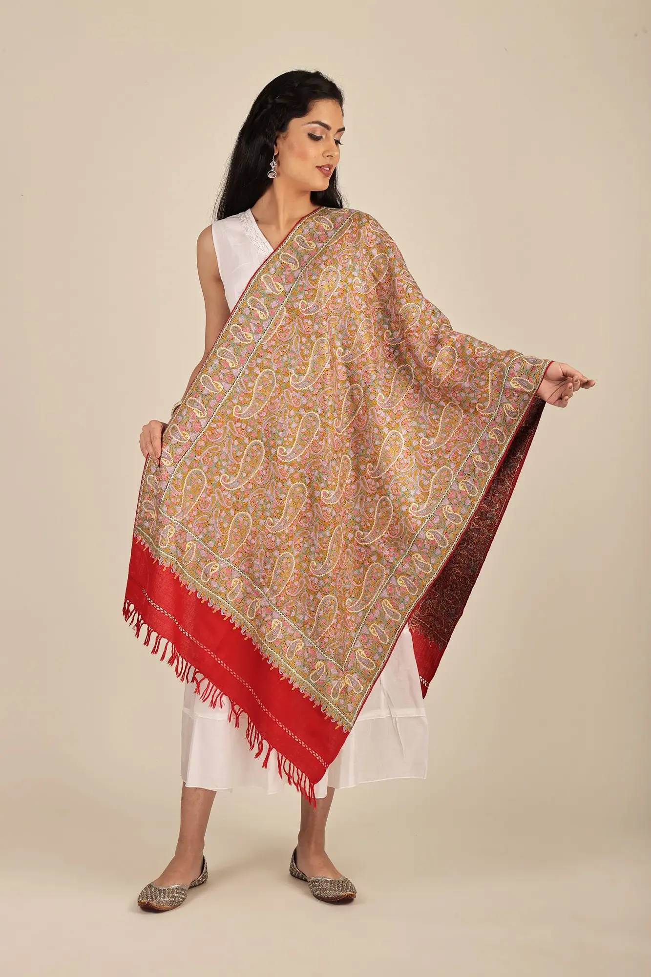 Woolen Stole from Kashmir with Aari-Embroidered Floral Paisley by Hand